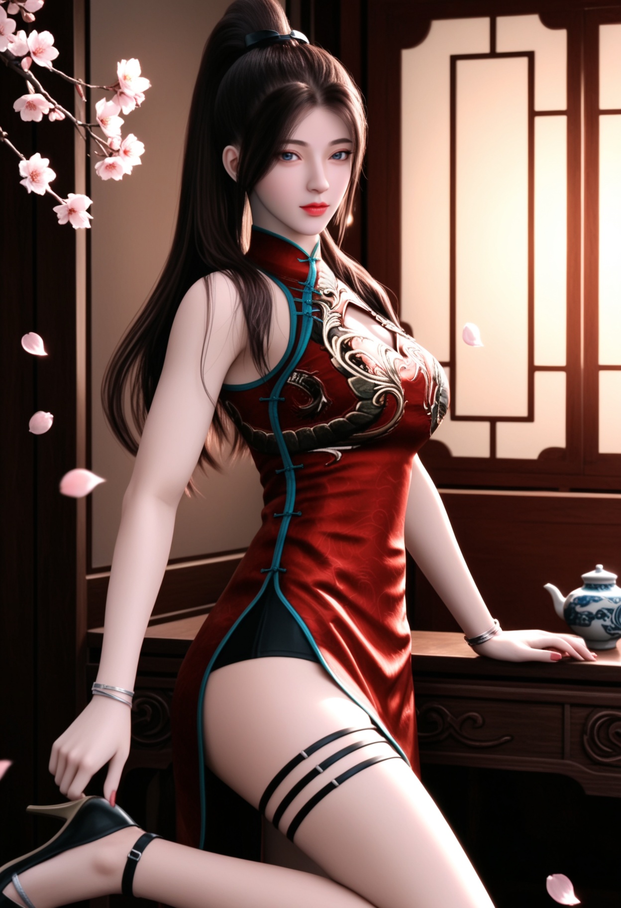 masterpiece,best quality,amazing quality,very aesthetic,high resolution,ultra-detailed,absurdres,scenery,photorealistic,(looking at viewer:1.1),upper body,(Dark room:1.3),(moody lighting:1.1),peach blossom,falling petals,(large breasts:0.8),tangzichen,1girl,solo,long hair,brown hair,chinese clothes,dress,china dress,red dress,blue eyes,ponytail,sleeveless,thigh strap,jewelry,bracelet,side slit,sleeveless dress,brown eyes,black hair,high ponytail,high heels BREAK photorealistic details,<lora:QQSilltangzichenV1:0.8>,
