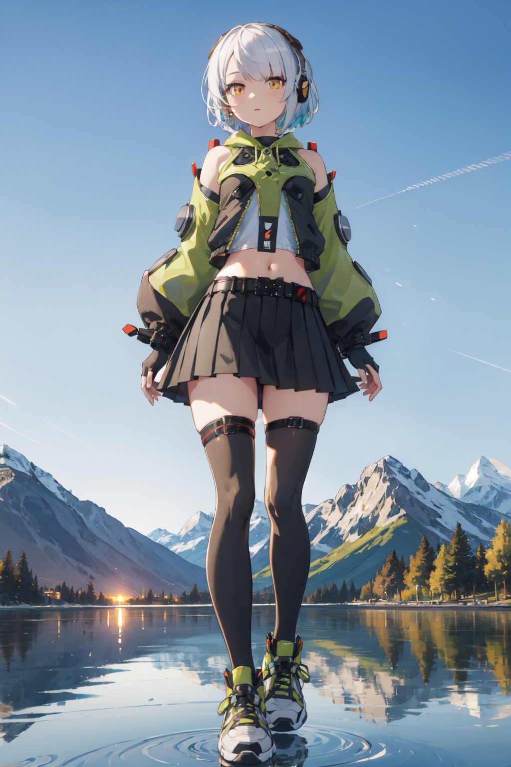 <lora:Anby-000020:0.88>,Anby CYQL,1girl,looking at viewer,solo,short hair,white hair,headphones,yellow eyes,jacket,midriff,long sleeves,detached sleeves,gloves,black gloves,fingerless gloves,navel,skirt,pleated skirt,black skirt,belt,thighhighs,black thighhighs,shoes,sneakers,green footwear,teardrop,full_shot,As the first light of dawn appears, the lake is veiled in a thin layer of mist, with faint outlines of mountains merging with their reflections in the water,beautiful detailed sky,beautiful detailed glow,posing in front of a colorful and dynamic background,masterpiece,best quality,beautiful and aesthetic,contrapposto,female focus,wallpaper,