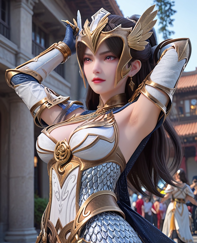 (oriental architecture, elegant decor, sophisticated style:1.1),arms above head,(breasts:1.2),<lora:XL完美世界女武神:0.9>,female valkyrie,solo,armored dress,helmet,pink eyes,black hair,half tied ponytail,long hair,shoulder armor,faulds,armguards,large breasts,gloves,claw ring,tassels,, zPDXL2, score_9, score_8_up, score_7_up BREAK realistic, masterpiece,best quality, highly detailed,, zPDXL3, zPDXL2,zPDXL, zPDXLxxx, zPDXLrl,