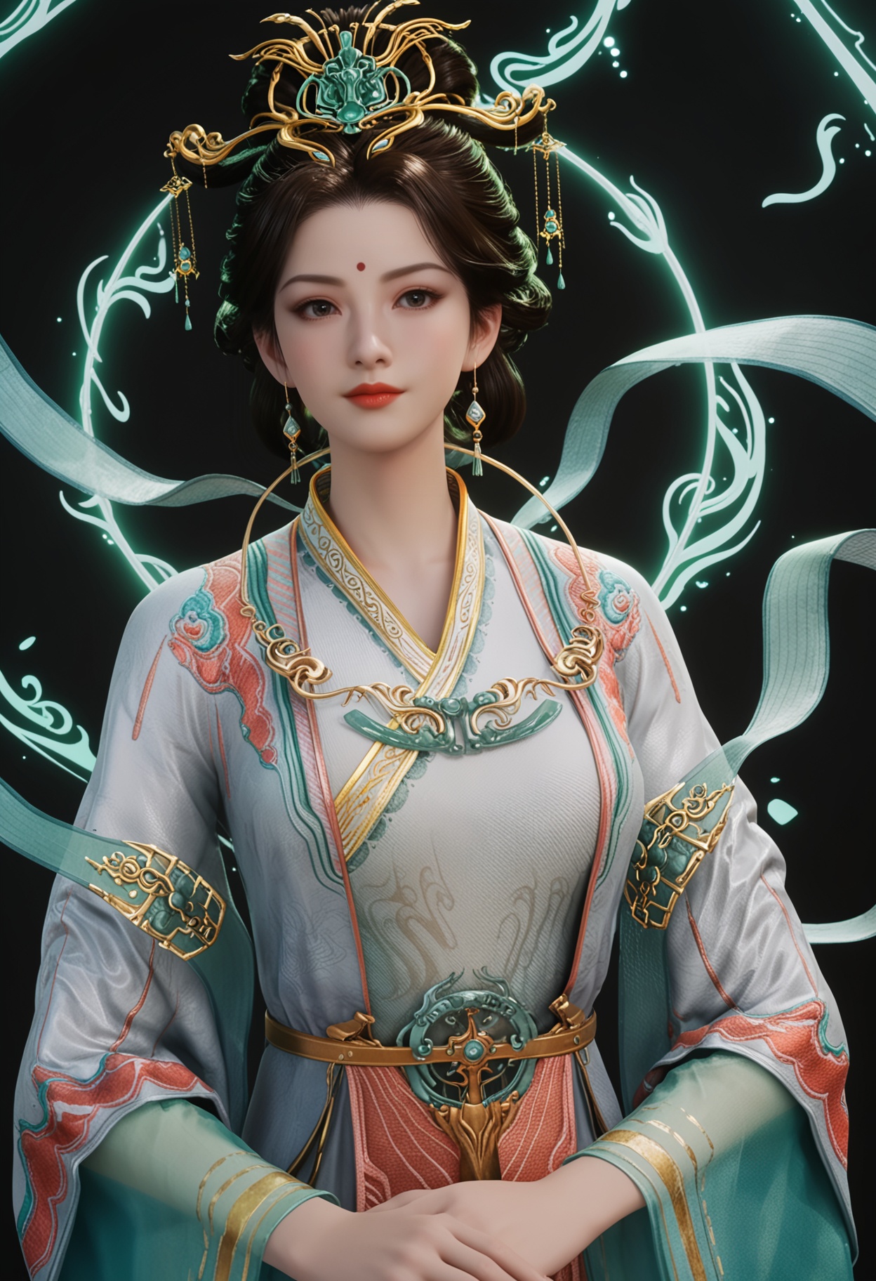 (cowboy shot:1.2),score_9,score_8_up,masterpiece,(best quality),intricate details,facing viewer,(looking at viewer:1.1),<lora:YQ_pony_xiwangmu_V4:0.8>,q1528437228,1girl,solo,jewelry,earrings,hair ornament,black hair,chinese clothes,forehead mark,red lips,long sleeves,makeup,dress,hanfu,hair bun,updo,brown hair,black eyes,wide sleeves,brown eyes,hair stick,shawl,necklace,hair rings,forehead jewel,single hair bun,hagoromo,BREAKscore_9,score_8_up,masterpiece,(best quality),perfect anatomy,(hourglass),perfect face,(simple background,pure black background,black background:1.1),fair_skin,shiny_skin,Ivory_skin,