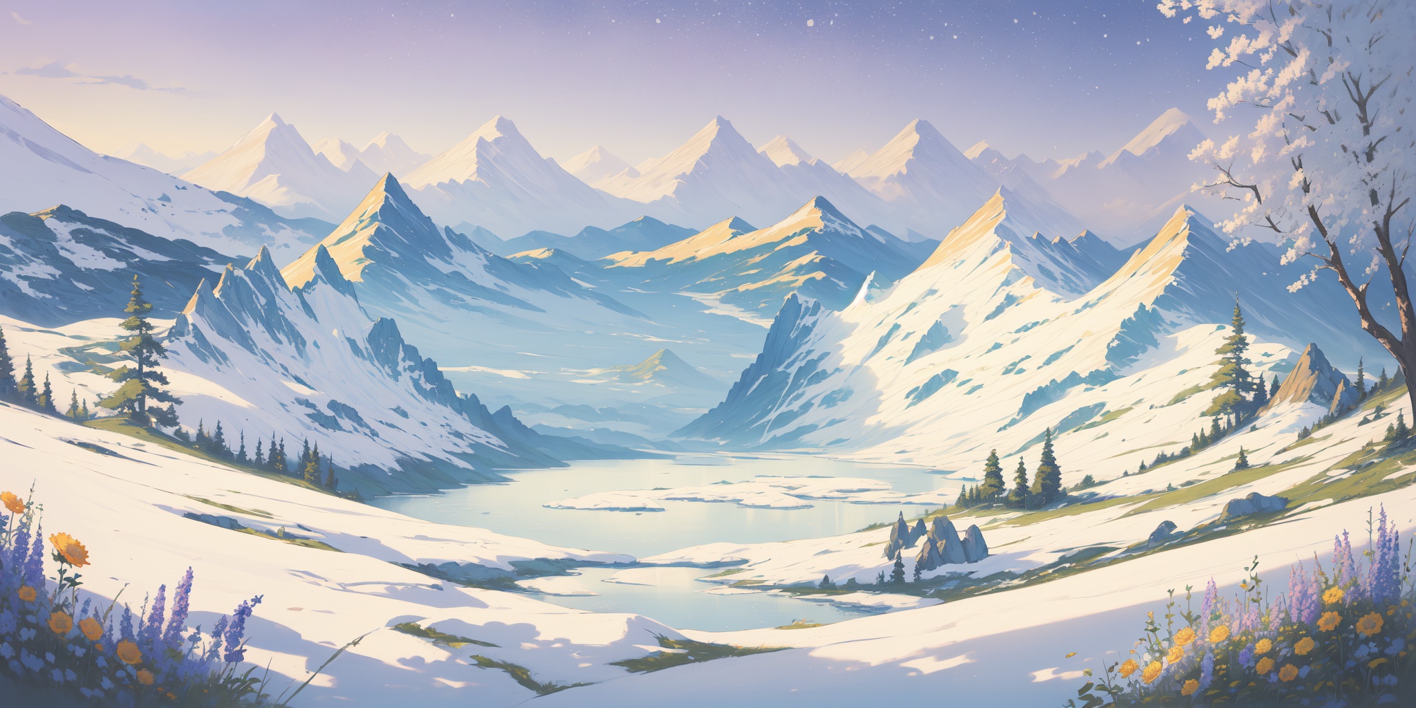 scenery,outdoors,beautiful detailed sky,beautiful detailed glow,best shadow,panorama,(Glacier, Ice, Crevasse, Snowfield, Seracs, Mountaineers, Cold, Ice caves:1.3),(Serene lake, Paddleboarding, Midday sun, Clear water, Relaxation, Scenic beauty:1.2),(Lavender rows, Purple hues, Evening glow, Fragrant air, Harvest time, Provencal landscape:1.1),(masterpiece, best quality, beautiful and aesthetic:1.3),extremely detailed CG,ultra-detailed,beautiful concept illustration,illustration,extremely fine and beautiful,perfect details,<lora:YOUHUA:1>,oil painting \(medium\),