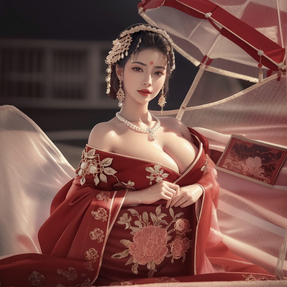 <lora:391-DA-国风-抹胸汉服:0.8> ,(,1girl, ,best quality, ),looking at viewer, ,ultra detailed 8k cg, ultra detailed background,  ultra realistic 8k cg, flawless,  tamari \(flawless\), professional artwork, famous artwork, cinematic lighting, cinematic bloom, (( , )),, dreamlike, unreal, science fiction,  luxury, jewelry, diamond, pearl, gem, sapphire, ruby, emerald, intricate detail, delicate pattern, charming, alluring, seductive, erotic, enchanting, hair ornament, necklace, earrings, bracelet, armlet,halo,masterpiece, (( , )),, realistic,science fiction,mole, ,cherry blossoms,(((, , ultra high res, (photorealistic:1.4), raw photo, 1girl, wet clothes, rain, sweat, ,wet, )))(( , ))   (()), (), , jewelry, necklace, solo, , , , hair_ornament, , earrings,gigantic breasts, 