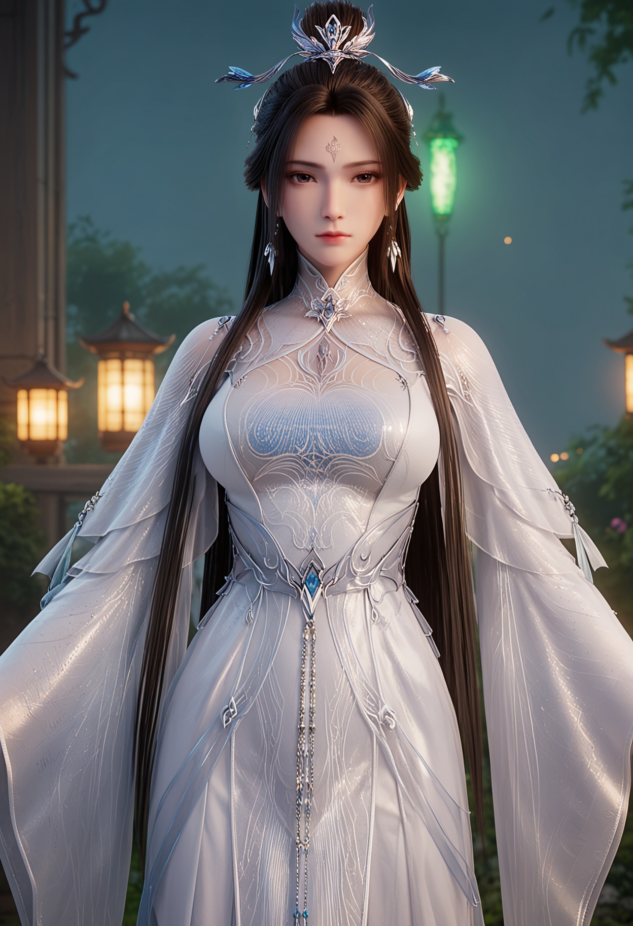 score_9,high detail,best quality,cinematic lighting,volumetric lighting,shiny skin,shiny,1girl,solo,forehead mark,large_breasts,black eyes,earrings,dress,white dress,hair bun,hair ornament,long hair,brown hair,chinese clothes,long sleeves,closed mouth,looking_at_viewer,<lora:QQSponyluxueqiV2:0.8>,<lora:Pony_DetailV2.0:0.8>,<lora:皮肤凹痕:0.1>,
