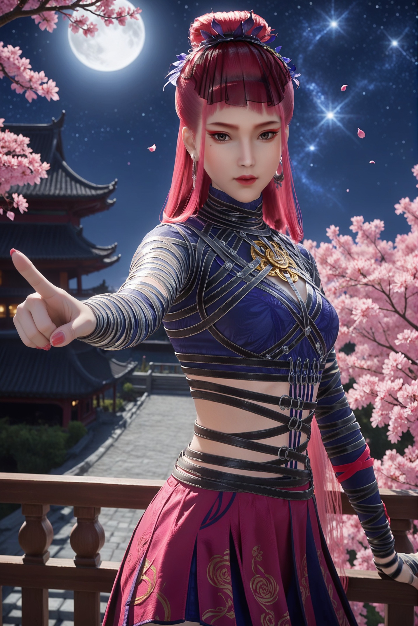 (score_9),upper body,slender,(glamor:1.1),1girl,solo,<lora:好奇姐:0.85>,yf1,long hair,red-pink hair,jewelry,earrings,bangs,makeup,mole,mole under eye,hair bun,skirt,bandages,(pointing_at_viewer),pointing,(index_finger_raised),front view,one hand up,BREAKsimple background,black background,twig,branch,falling petals,starry_sky,hyper_galaxy,handrail,night,depth of field,moon,(chinese style architecture),chinese style,wooden,