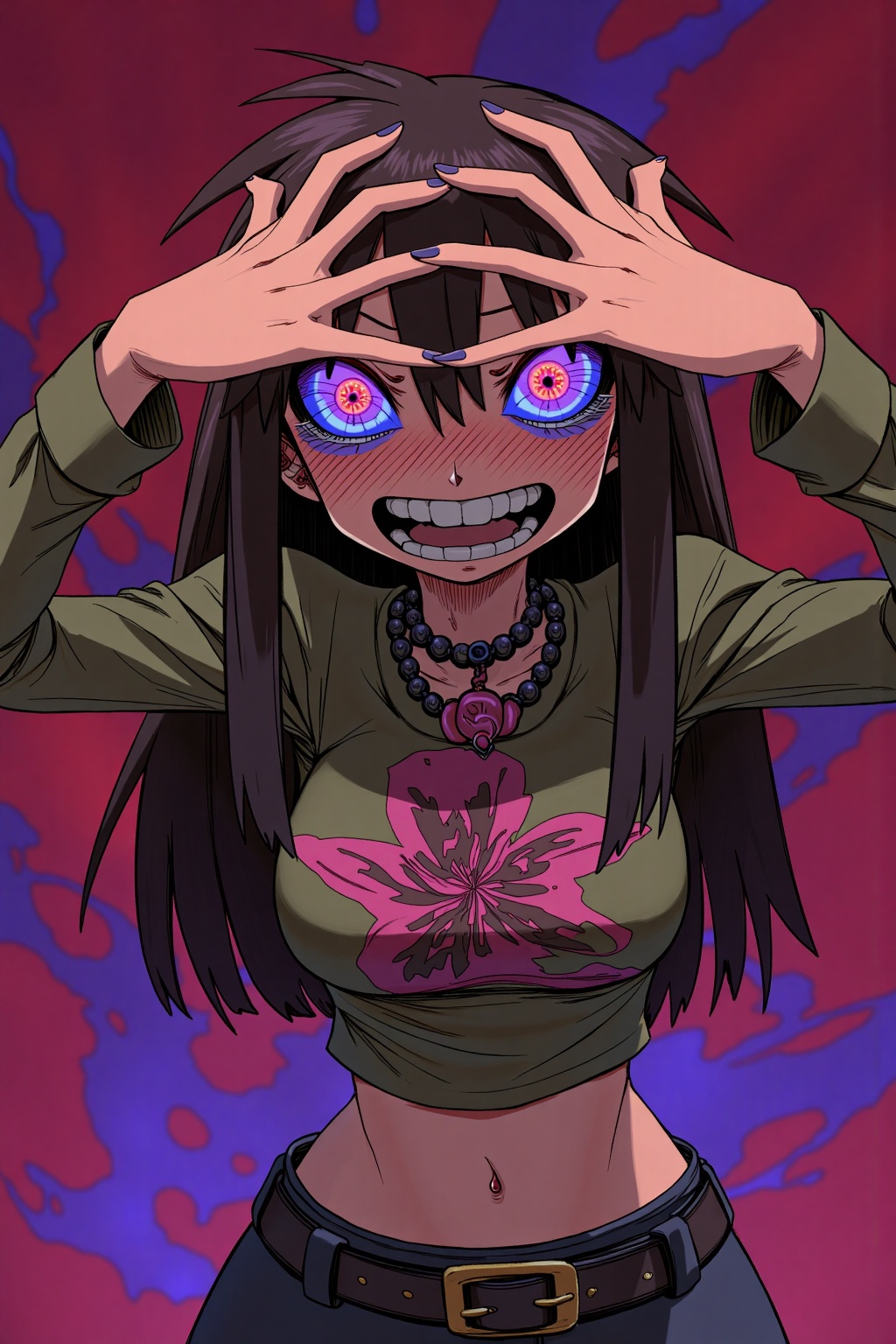 beijihui,An animated cartoon image of a girl with long black hair, wearing a green shirt and a black belt with a gold buckle. She is standing in front of a red and purple background. The girl's face is covered by a black wig, and her eyes are glowing with blue and red circles. Her hands are held over her head, covering her eyes with her hands. Her mouth is open, and she is smiling. She has a black necklace around her neck, with a pink flower on it.