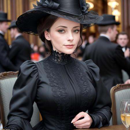 masterpiece,  uhd,  sharp color photo of a beautiful woman wearing a high-neck layered black dress on Tensor.Art