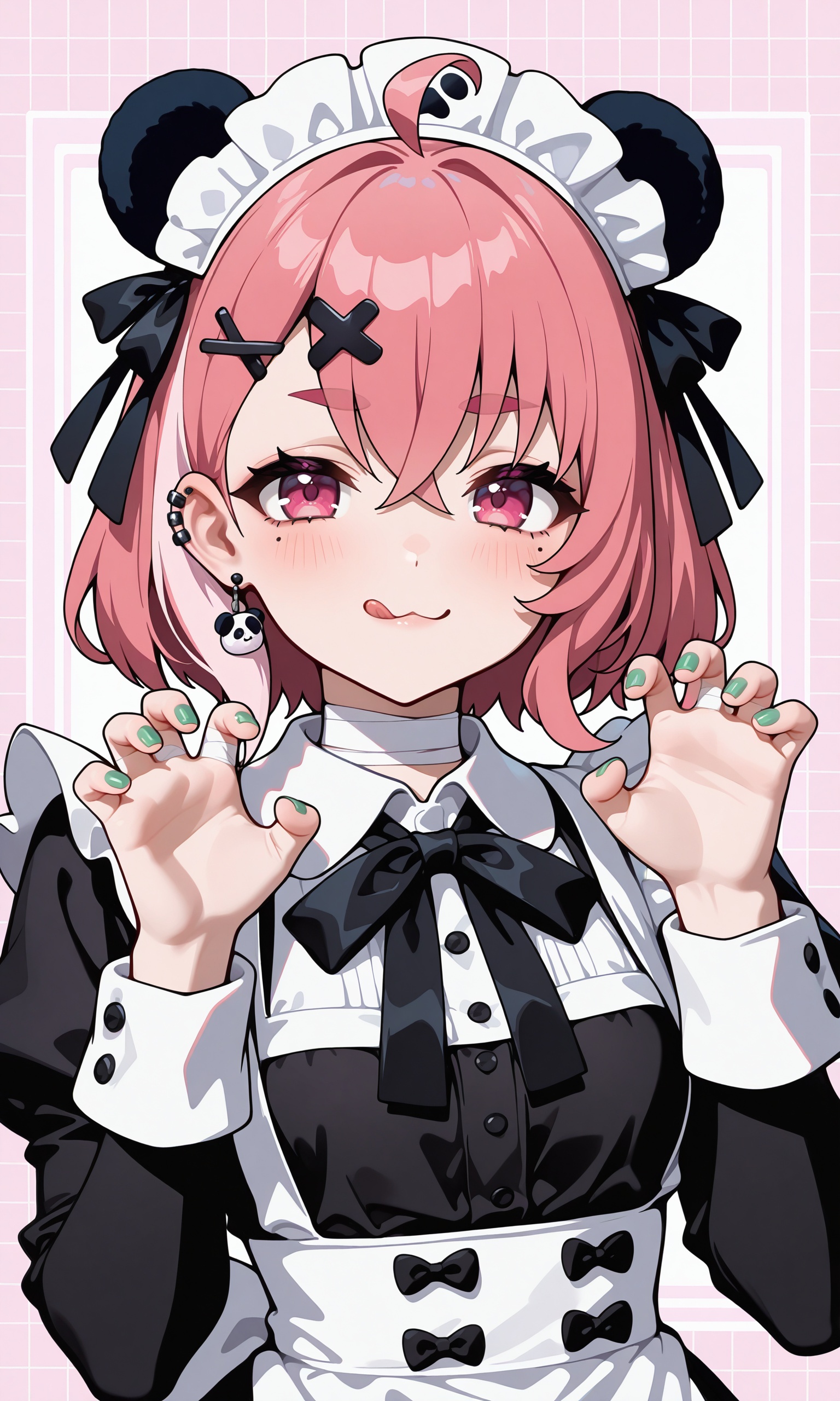 1girl,sasaki saku,nijisanji,:3,:q,ahoge,bandaged fingers,bandaged neck,bandages,black bow,black dress,black ribbon,blush,bow,claw pose,dress,dress bow,ear piercing,green nails,hair bow,hair ornament,hair ribbon,juliet sleeves,long sleeves,looking at viewer,maid,maid headdress,panda earrings,piercing,pink eyes,pink hair,puffy sleeves,ribbon,short hair,sleeve cuffs,solo,tongue,tongue out,triangle hair ornament,upper body,virtual youtuber,x hair ornament,frill,nail polish,jewelry,hairclip,mole under eye,hands up,earring,animal ears,smile,mole,panda earring,, , ,masterpiece, best quality, absurdres, newest, very aesthetic, amazing quality,highres,sensitive, highres, ultra detailed, best anatomy, HDR, 8K, high detail RAW color art, high contrast,ultra-detailed,illustration,CG, ultra-detailed-eyes, detailed background,