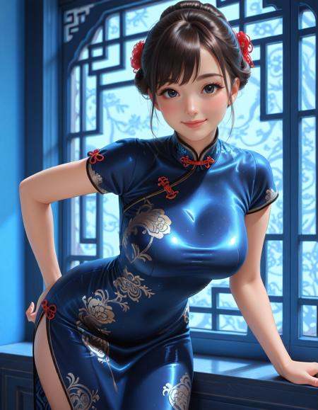 (masterpiece, best quality), 1 girl, Fair-skinned, blush, dark-brown hair, updo, black eyes, (large breast:0.8), smile, leaning forward, cowboy shot, (blue, satin fabric, short-sleeved, long-length Chinese dress, brocade pattern:1.3), look at viewer, (Chinese window)