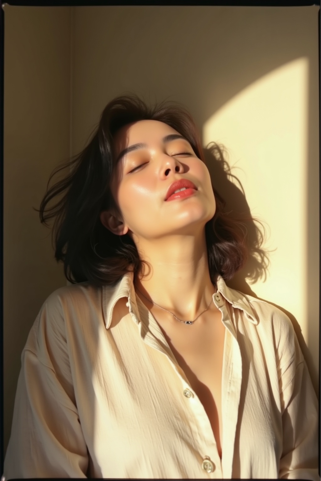 A woman,old polaroid picture,awj,polaroid portrait photography,xuanwo,dtmh,neomj,The image depicts a young woman bathed in warm,natural light that casts a dynamic shadow on the wall beside her. Her expression is serene,with her eyes closed and head tilted slightly upwards,as if soaking in the sun's rays. The woman's hair is tousled and flows around her face and shoulders,suggesting a sense of movement or a gentle breeze in the room. She wears a loose,unbuttoned white shirt that contributes to the relaxed and informal feeling of the portrait. The soft lighting highlights her facial features and creates a contrast with the shadowed portions,which adds depth and a sculptural quality to the image. The overall effect is one of peaceful contemplation or a moment captured in solitude.,