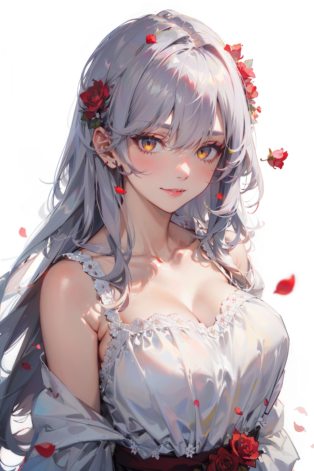 masterpiece,best quality,1girl,solo,looking at viewer,silver hair,yellow eyes,beautiful and detailed face,evil smile,upper body,collarbone,collarbone,large breasts,white long translucent night gown,expressionless,hair cover one eye,long hair,red hair flower,standing,blood,(plenty of red petals:1.35),white background,simple background