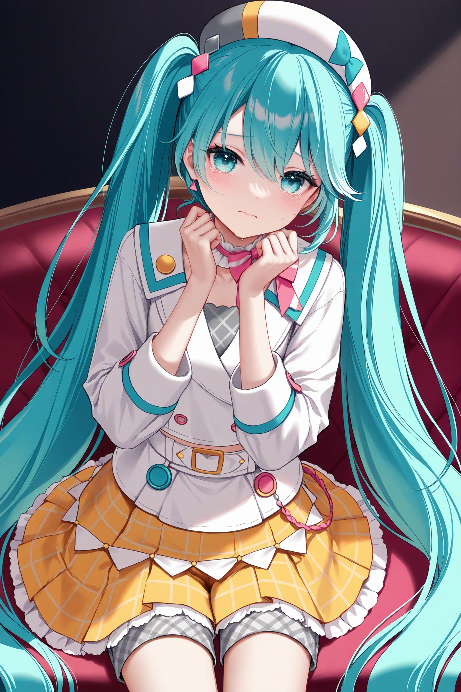 masterpiece,best quality,newest,absurdres,highres,soft shadows,photorealistic,(chen bin:0.5),(hiten \(hitenkei\):0.4),(rimuu:0.5),(mignon:0.5),(sheya:0.6),<lora:MMM2024XLNAI:1>,magical mirai miku \(2024\),shorts,headwear,white shirt,yellow skirt,frilled skirt,tears_in_eyes,
