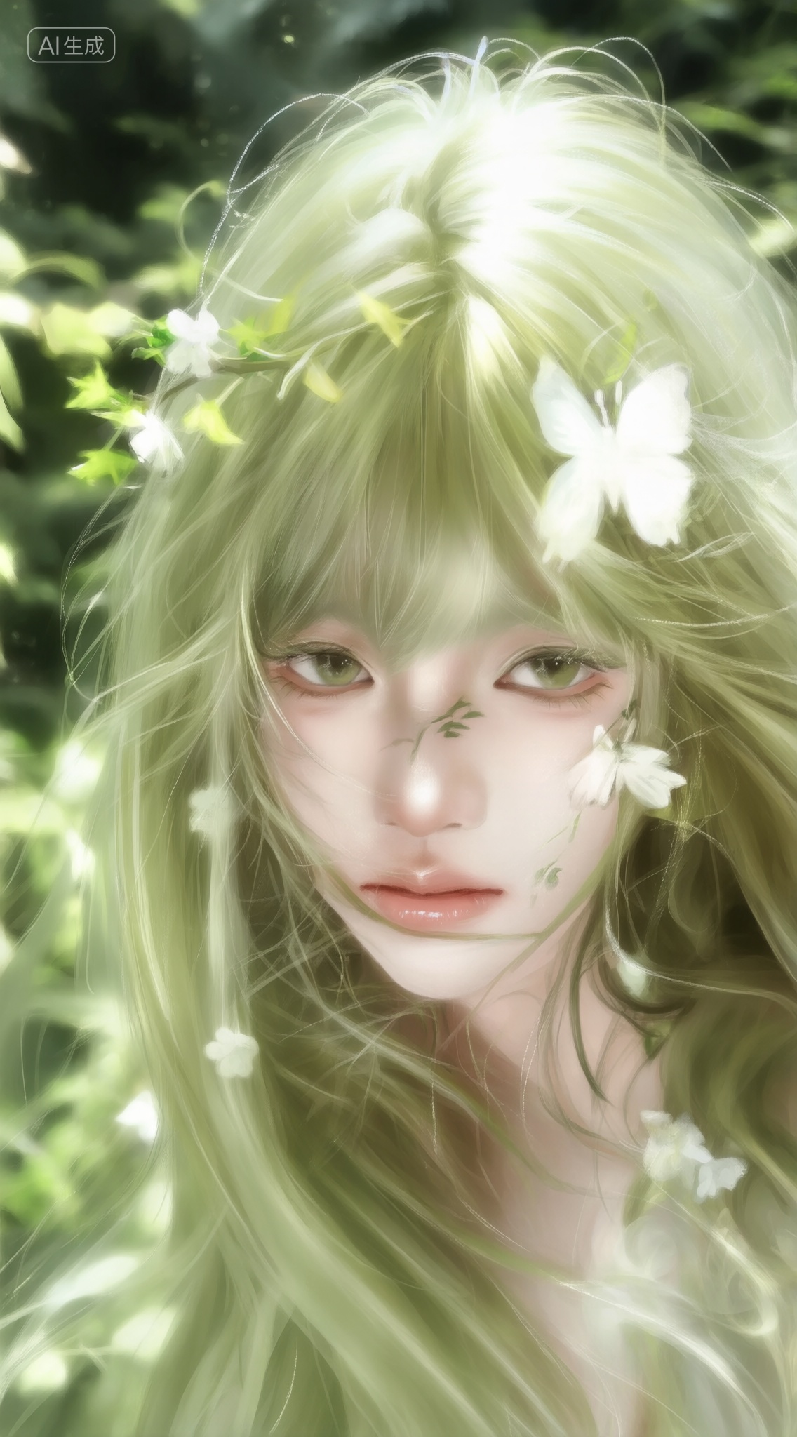 ZOZ_HTAA,a digital illustration shoot from a close-up camera angle about a young girl with long,flowing green hair adorned with small white flowers,set against a lush,green forest background,the image also shows soft,ethereal light filtering through the leaves,creating a serene atmosphere,on the middle of the image,a young woman appears to be in her early twenties,with light skin and green eyes,looking directly at the viewer with a neutral expression,she has long,straight,light green hair and is wearing a white flower in her hair,which is adorned with a small white butterfly,her lips are slightly parted,and she has a delicate,almost ethereal appearance,the background is blurred,with green foliage and soft,diffused light,giving the image a dreamy,dreamy quality,, Negative prompt: ng_deepnegative_v1_75t,(badhandv4:1.2),EasyNegative,(worst quality:2),,nsfw, Steps: 30, Sampler: Euler, CFG scale: 4.0, Seed: 167380563, Size: 1142x2048, Model hash: 9768b098f7, Model: ZOZ_v1.0.safetensors, Denoising strength: 0, RNG: CPU, Lora 1: ZOZ_厚涂插画, Lora Hash 1: 018bc5cf60, Lora Weight 1: 0.8, vae_name: automatic