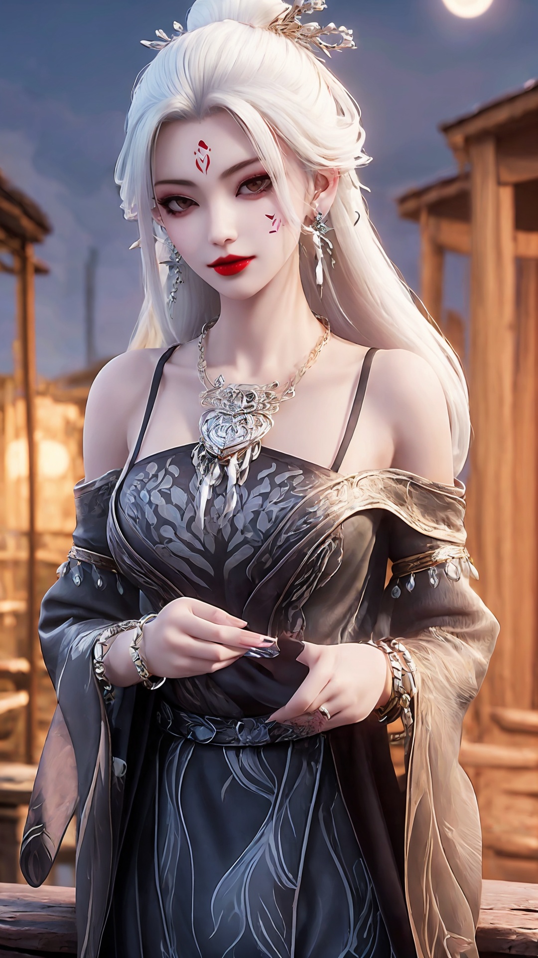 1girl, moon, jewelry, necklace, solo, bracelet, white hair, earrings, facial mark, long hair, night, hair ornament, looking at viewer, bare shoulders, full moon, forehead mark, upper body, red lips, dress<lora:girl miaojiangxiaobai_20240912173536:0.8>,