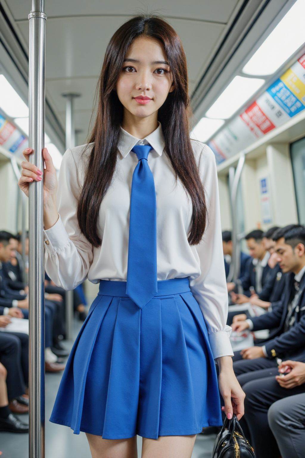 Photograph of a young Asian woman in a subway car, wearing a white blouse with a blue tie and a matching blue pleated skirt. She has long, straight black hair, light skin, and is standing near the pole, holding a black handbag. The background shows other commuters, mostly men, sitting on the benches, with the subway interior featuring metallic poles and advertisements. The lighting is bright and even, typical of urban public transport. The woman has a composed and confident expression, and the overall scene feels slightly formal and professional.