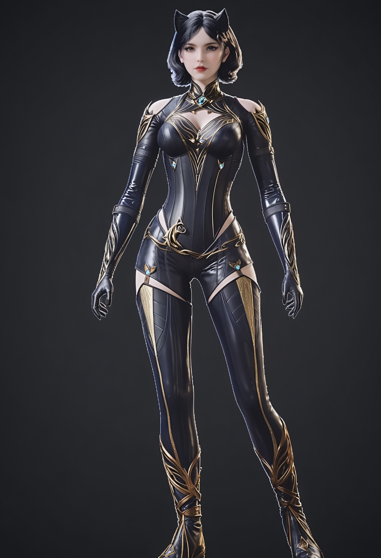perfect_anatomy,(score_9:1.1),(full_body:1.1),standing,looking_at_viewer,<lora:YQ_pony_zhulu_V2:0.8>,1girl,q1528437228,solo,black hair,short hair,breasts,clothing cutout,animal ears,cat ears,bodysuit,gloves,cleavage cutout,black eyes,cleavage,black bodysuit,realistic,red lips,thighhighs,black gloves,gem,boots,perfect_anatomy BREAK (perfect_anatomy:1.1),mature female,(simple background,pure black background,black background:1.1),(shiny_skin),(Ivory_skin:1.1),(cinematic lighting),