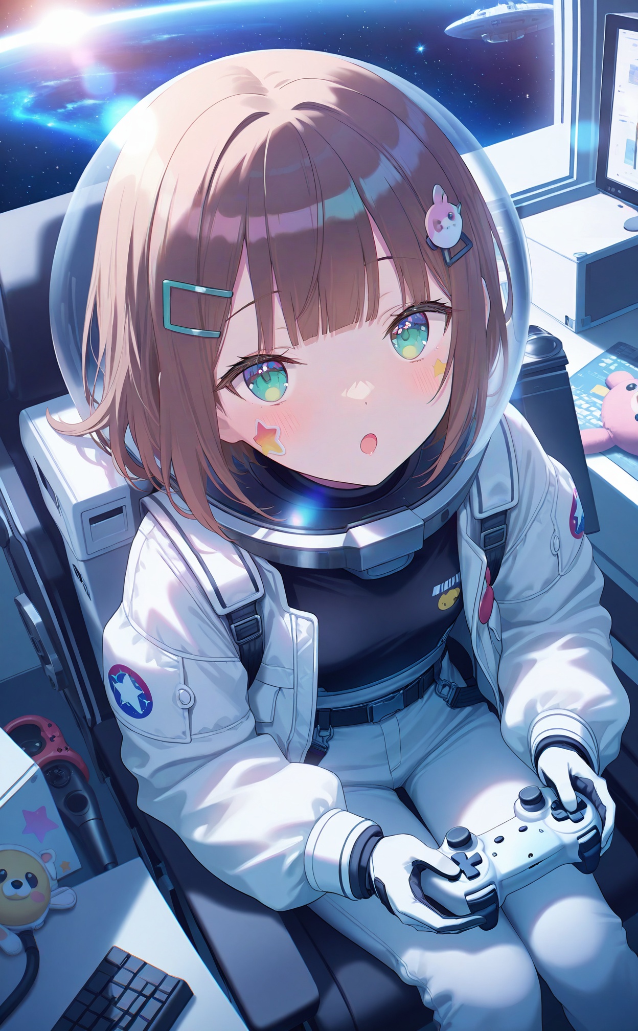 masterpiece,very aware,highres,absurdres,newest,best quality,(loli),petite,high quality,chromatic_aberration,White Theme,//,1girl, space_helmet, spacesuit, space, astronaut, helmet, cockpit, hair_ornament, solo, open_mouth, :o, star_\(sky\), brown_hair, looking_at_viewer, hairclip, jacket, planet, blue_eyes, long_sleeves, keyboard_\(computer\), star_\(symbol\), white_jacket, open_clothes, stuffed_toy, sitting, from_above, holding, spacecraft, window, blush, blunt_bangs, sticker, belt, controller, open_jacket, looking_up, puffy_long_sleeves, virtual_youtuber, starry_sky, joystick, monitor, indoors, green_eyes, computer, gloves, stuffed_animal, breasts//,artist:luvluvvox,artist:fukai ryosuke,[artist:Torino aqua],artist:minato hitori,hiten_(hitenkei),artist:rurudo,artist:lazuri7,artist:yunikon,//,absurdres,newest,very aesthetic,amazing quality,highres,sensitive,ultra detailed,best anatomy,HDR,8K,high detail RAW color art,high contrast,illustration,depth of field,(colorful),phenomenal aesthetic,detailed light,blurred picture,Tyndall effect,contrast,lens flare,cinematic lighting,//,<lora:PVC5——【noob】hans:0.3>,<lora:konya_karasue——【noob】hans:0.5>,<lora:pjsk-noob-hans:0.65>,