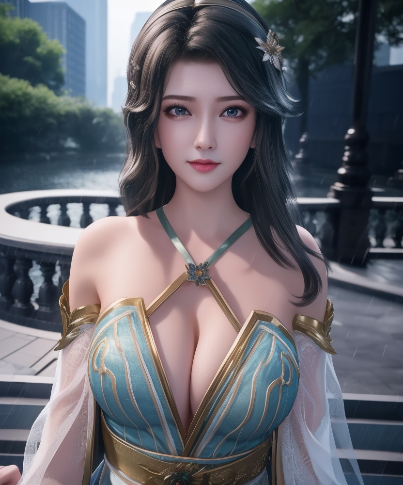 <lora:542-DA-万界至尊-青雉:0.8>(,1girl, ,best quality, ),looking at viewer,masterpiece, (( , )),,ultra realistic 8k cg, ,      ,building, bare_shoulders,cleavage cutout, eyelashes,magic,hydrokinesis,sweat, wet, rain, ,       (cleavage), (),