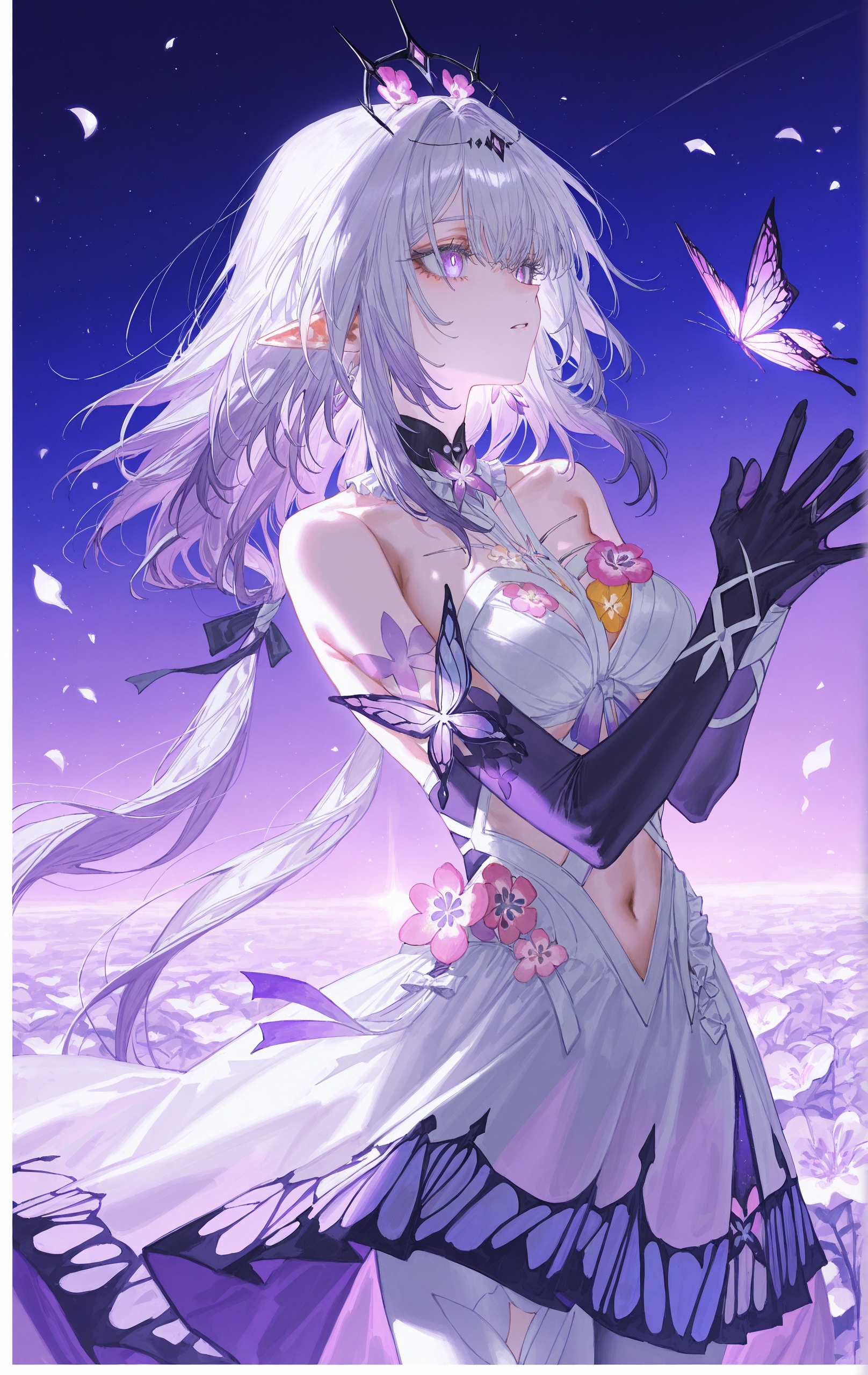 (artist:quasarcake:0.8),extreme aesthetic,(wlop:0.6),(honjou raita,lack,rella,wanke:0.5),masterpiece,best quality,good quality,newest,year 2024,year 2023,very aesthetic,absurdres,Visual impact,A shot with tension,ultra-high resolution,32K UHD,sharp focus,best-quality,masterpiece,Emotionalization,unconventional supreme masterpiece,masterful details,temperate atmosphere,with a high-end texture,in the style of castorice \(honkai: star rail\),breasts,1girl,bare shoulders,bug,border,butterfly,clothing cutout,dress,flower ornament,large breasts,long hair,navel,pantyhose,pointy ears,purple butterfly,purple eyes,purple hair,purple hands,purple sky,sky,stomach cutout,white border,white dress,white pantyhose,own hands together,<lora:castorice_v0.2_Illustrious-000015>,