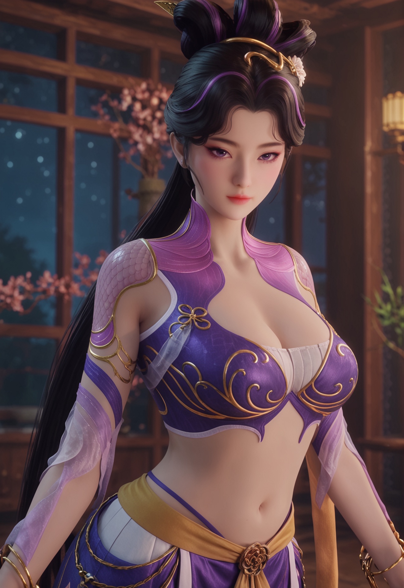 score_9,<lora:付馨予:0.8>,1girl,navel,black hair,purple eyes,midriff,hair ornament,jewelry,skirt,hair bun,long hair,bracelet,solo focus,medi,indoors,starry sky,(cleavage:1.5),breasts,(large_breasts:0.6),