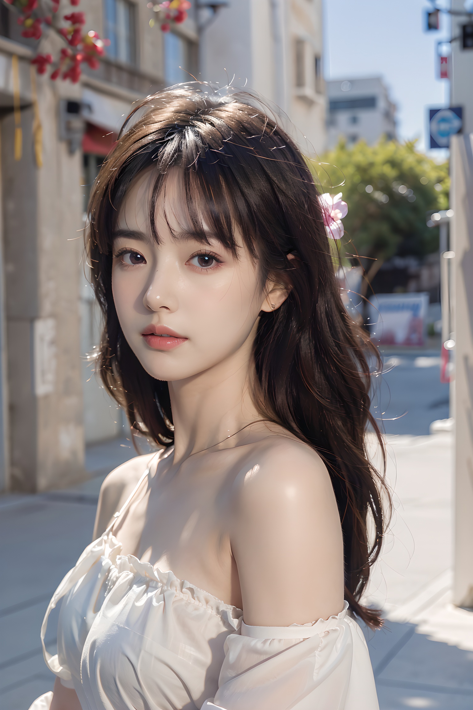 1girl,solo,long hair,realistic,lips,parted lips,upper body,blurry background,floating petals,jitome,cute,Street background,short hair,masterpiece,high quality,best quality),(colorful:0.85),(delicate eyes and face),volumatic light,ray tracing,extremely detailed CG unity 8k wallpaper,solo, indoors, palace, lights, window, decorations,(ahoge:1.3),best quality,official art,(((light from the sky))),floating hair,light shines on hair,whultra-detailed,(((extremely detailed cg 8k wallpaper))),(crystalstexture skin:1.4),(extremely delicate and beautiful),(white skin),looking_at_viewer,kinghere fensejiaren,,realistic, <lora:20240212-1707682573619:0.75> <lora:Body_shaping:0.35>