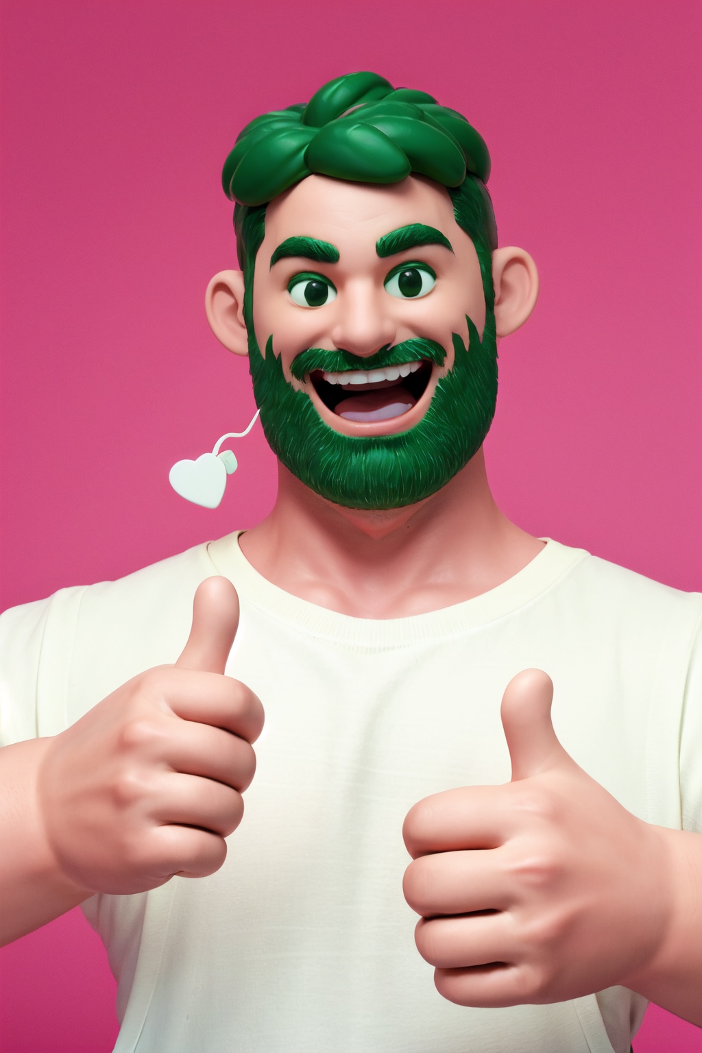 Best quality,masterpiece,ultra high res,yuan_3D_character, 1boy, male focus, heart, short hair, smile, looking at viewer, thick eyebrows, thumbs up, shirt, apron, upper body, green apron, white shirt, open mouth, hand up, meme, pink background, muscular,<lora:3D_character_v1.0:0.8>,