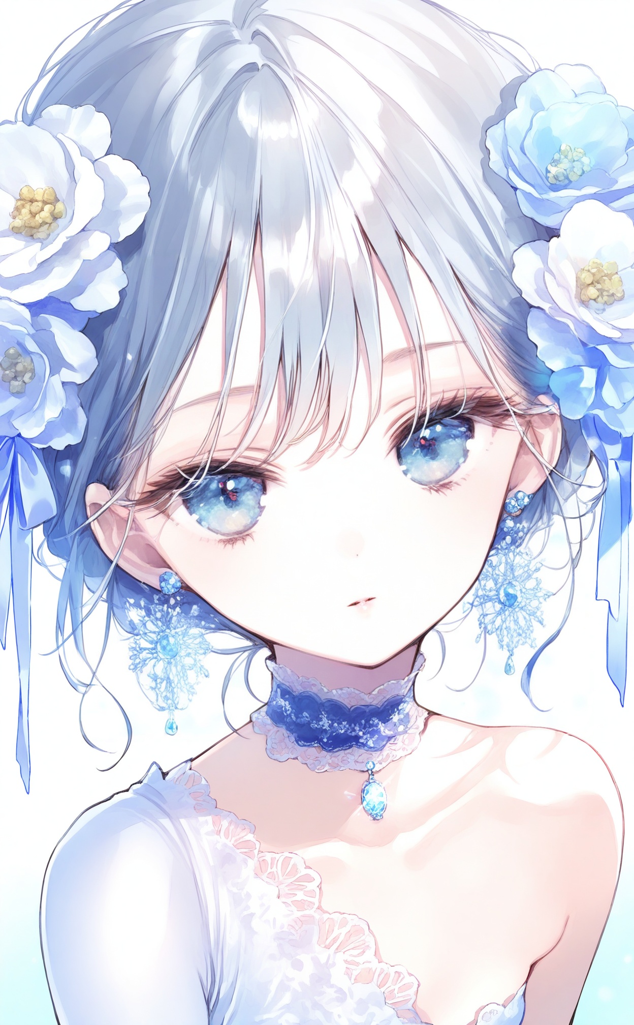 masterpiece,absurdres,best quality,loli,petite,high quality,//,1girl,solo,flower,jewelry,earrings,hair_ornament,blue_eyes,hair_flower,looking_at_viewer,choker,blue_hair,single_bare_shoulder,white_background,collarbone,gem,dress,parted_lips,upper_body,flower_earrings,blue_gemstone,simple_background,light_blue_hair,white_flower,necklace,blue_theme,blue_flower,drop_earrings,closed_mouth,ribbon,bare_shoulders,white_choker,lace_choker,breasts,expressionless,portrait,short_hair,off_shoulder,grey_hair,blue_choker,pearl_earrings,//,<lora:chun_paretto2——【noob】hans:1>,