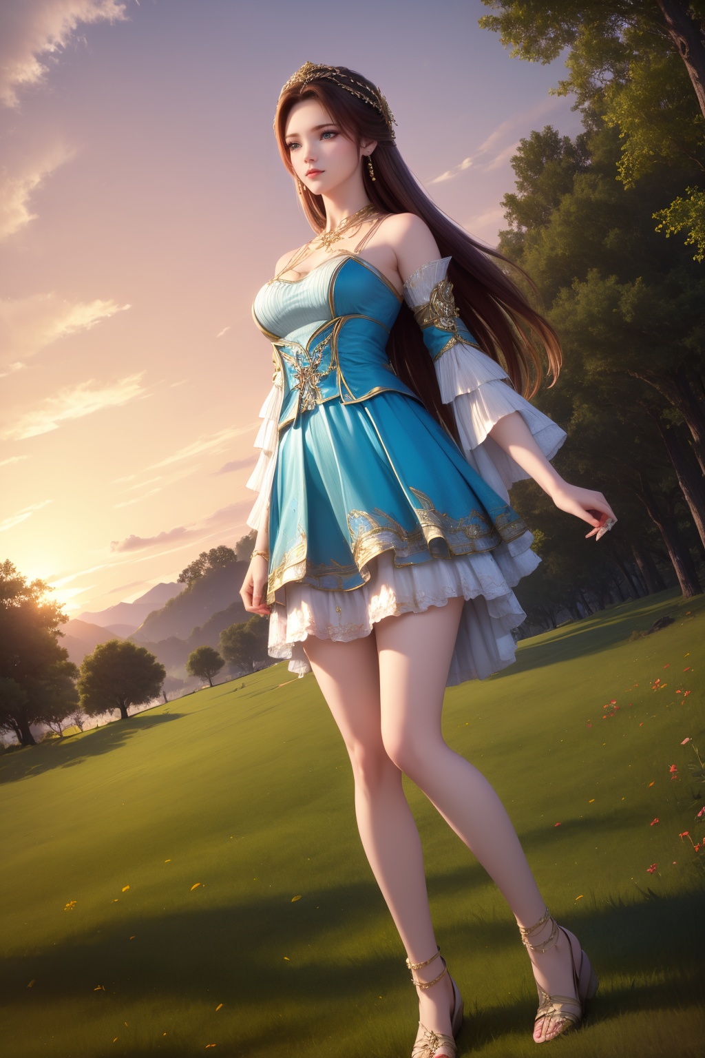 1girl, solo, long hair, dress, brown hair, sky, hair ornament, bare legs, full body, white dress, sunset, high heels, jewelry, bare shoulders, outdoors, dutch angle, grass, cloud, closed mouth, detached sleeves, sandals, tree, thighlet, white footwear, legs, dusk, blue dress, standing, expressionless, bush, skirt, blue eyes, anklet, twilight, looking to the side, tiara, mountain, breasts, earrings