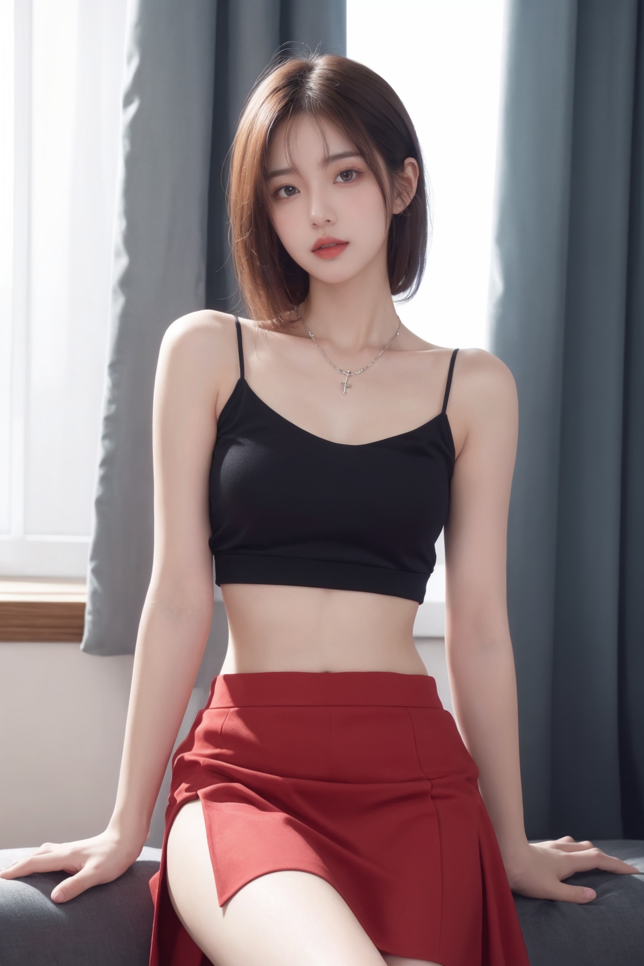 1girl, navel, solo, realistic, midriff, bare shoulders, sitting, hair ornament, black hair, jewelry, curtains, brown hair, parted lips, skirt, red skirt, looking at viewer, cowboy shot  <lora:eye:1>