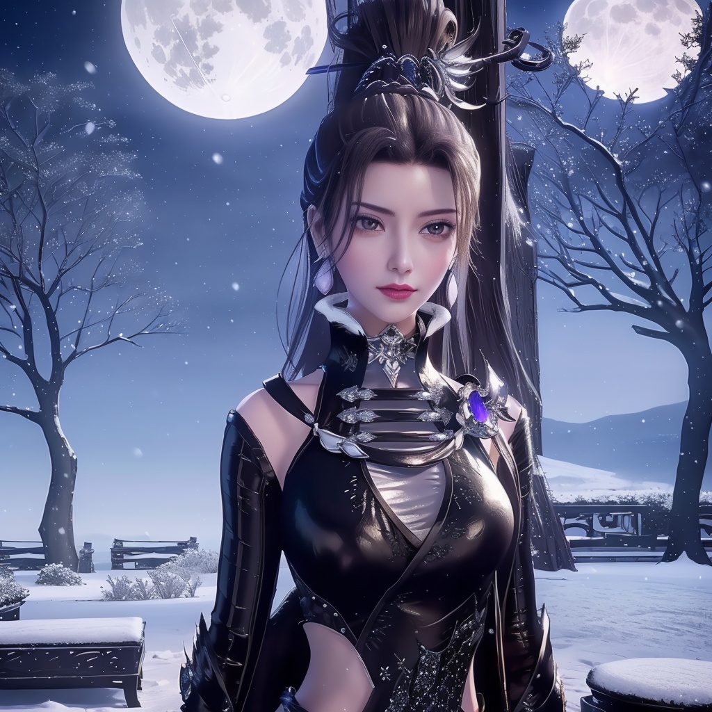 <lora:万界至尊-李雪衣-皮衣:0.8>, (,1girl, ,best quality, ),looking at viewer,  picture-perfect face,   clean, masterpiece,     cinematic lighting, cinematic bloom, fantasy,  , unreal, science fiction, ((,1girl, pov,))(((,tree, 1girl, full moon,snowing,snow ,solo,     solo focus,  long_hair, looking_at_viewer,  )))  (rich:1.4,)     prestige, luxury, jewelry, diamond, gold, pearl, gem, sapphire, ruby, emerald, intricate detail, delicate pattern, charming, alluring, seductive, erotic, enchanting, hair ornament, necklace, earrings, bracelet, ,