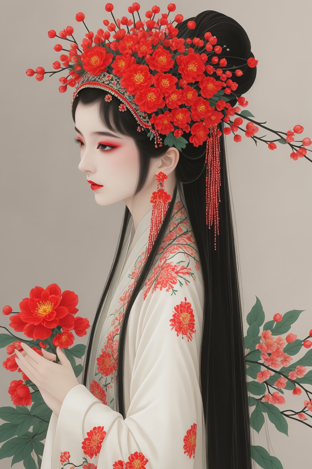<lora:quyi2-000006:0.6>,quyi, 1girl, flower, long hair, solo, holding, holding flower, chinese clothes, earrings, long sleeves, upper body, beads, hanfu, hair bun, red flower, letterboxed, wide sleeves, closed mouth, floral print