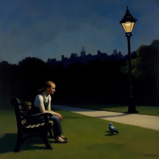 An EdwardH0pp3r style oil on canvas painting of a young woman sitting on a park bench at dusk. A single pigeon stands on t...