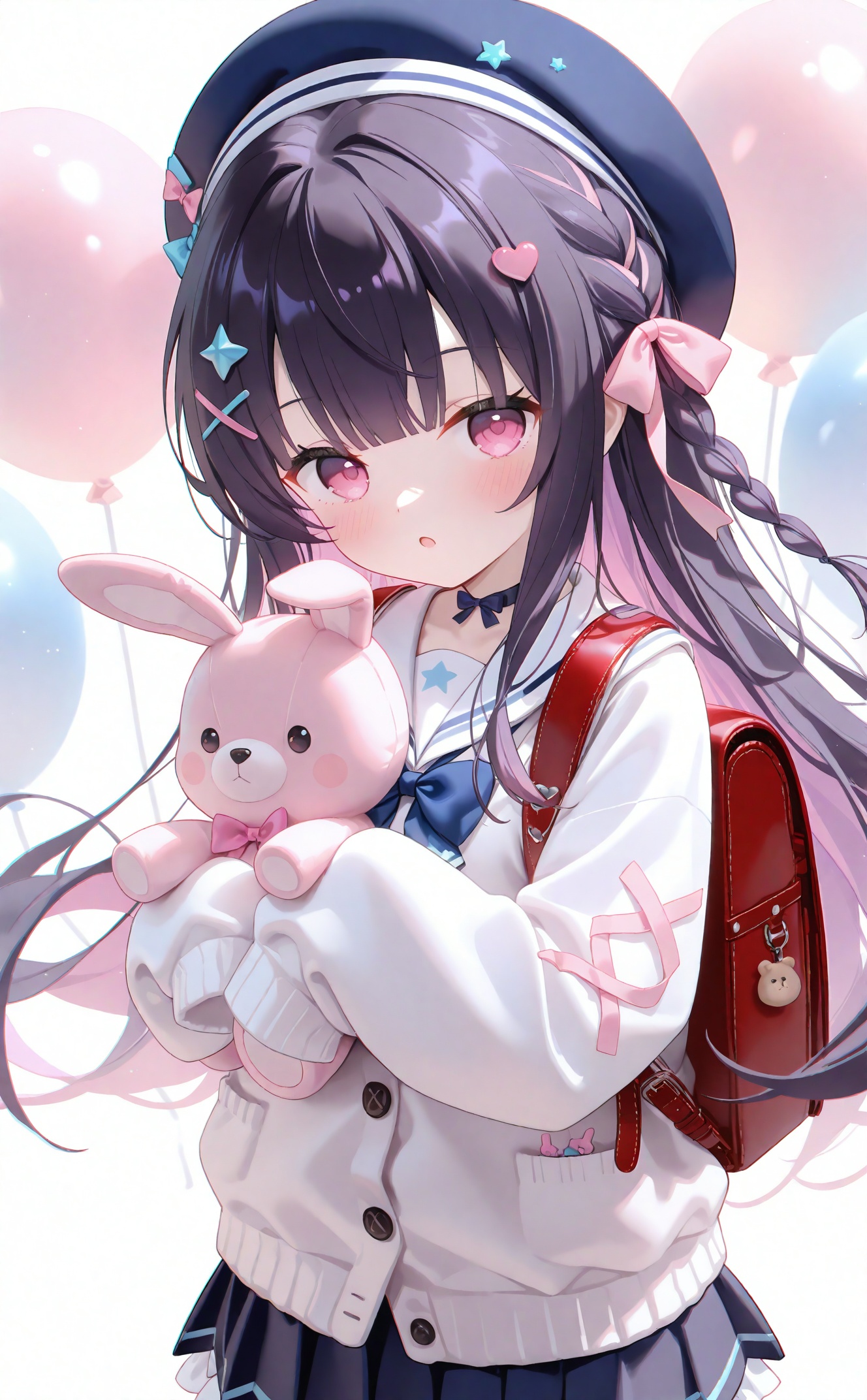masterpiece,very aware,highres,absurdres,newest,best quality,petite,high quality,chromatic_aberration,cinematic_angle,dutch angle,1girl,stuffed toy,stuffed animal,skirt,bow,solo,pink bow,hair bow,long hair,hair ornament,looking at viewer,sailor collar,teddy bear,blush,black hair,hat,bowtie,pleated skirt,hairclip,long sleeves,multicolored hair,black skirt,holding stuffed toy,white sailor collar,blue bow,school uniform,holding,pink bowtie,blunt bangs,purple eyes,sleeves past wrists,pink hair,parted lips,shirt,cowboy shot,pink eyes,blue skirt,colored inner hair,white sweater,cardigan,beret,:o,white cardigan,white shirt,serafuku,choker,sweater,pastel colors,phone,border,multiple hair bows,black headwear,sidelocks,floating hair,stuffed rabbit,bear,cellphone,purple hair,two-tone hair,miniskirt,backpack,ribbon,sleeves past fingers,bag,closed mouth,star (symbol),x hair ornament,blue bowtie,braid,open mouth,standing,smartphone,blue headwear,white background,lollipop,candy,food,very long hair,frills,heart,hair ribbon,blue shirt,light blush,frilled skirt,heart hair ornament,cross-laced sleeves,pink ribbon,white border,hairpin,balloon,hugging object,star hair ornament,simple background,purple bow,<lora:Nano gys2-000036:0.8>,
