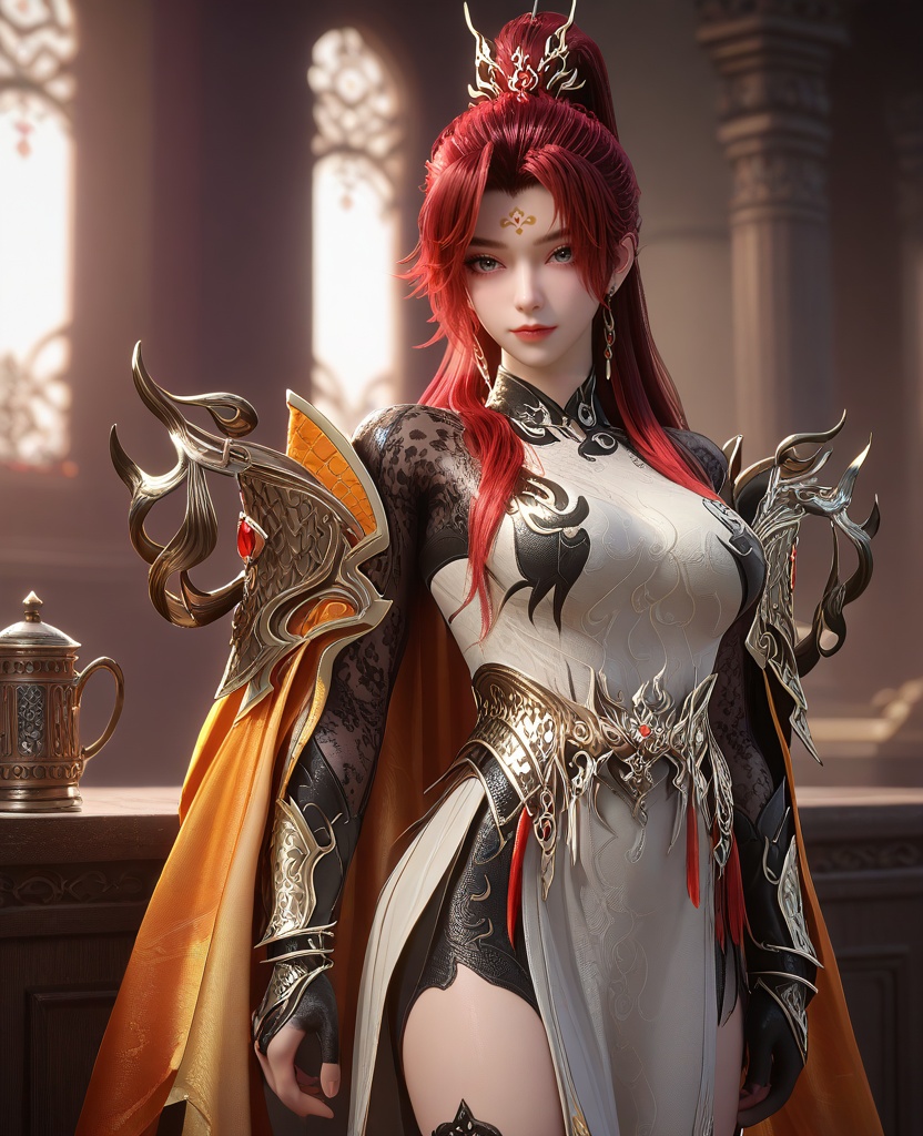 (She stands with her arms folded, leaning against a counter.:1.1),looking at viewer,(large breasts:1.2),<lora:XL16云深不知梦炽阳华明:0.95>,miss chiyanhuaming,beige panel dress,forehead mark,grey eyes,red hair,half-up high ponytail with long cascading hair,long hair,hair ornament,earrings,jewelry,armguards,sash,orange cape,black gloves,high-heeled thigh boots,, score_9,score_8_up,score_7_up,score_6_up,score_5_up,score_4_up,3d rendering,tag1,tag2, Cinematic Lighting,backlighting,