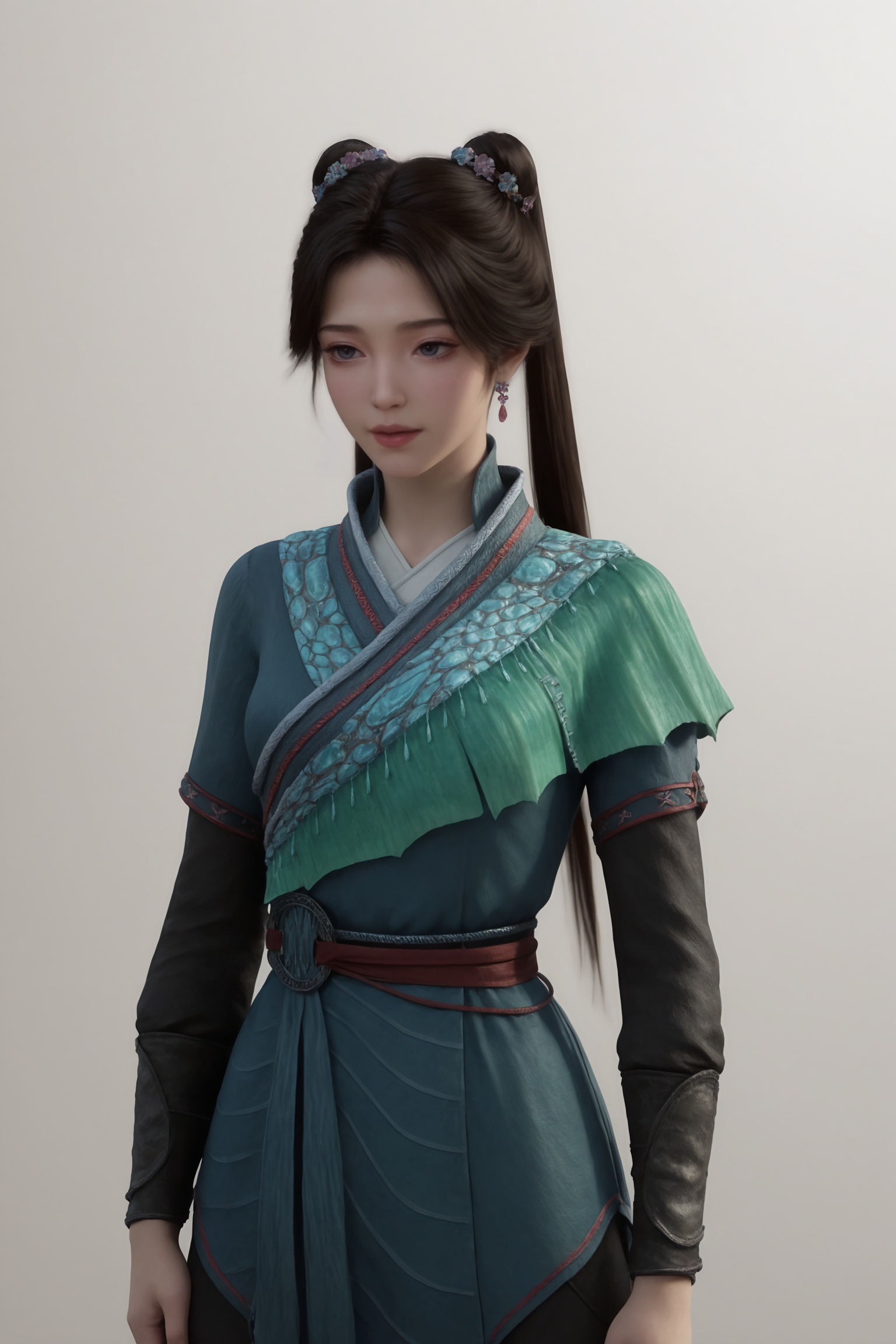 photo realistic,masterpiece,best quality,soft glow,skin texture,realistic stylewhite background,<lora:凡人-梅凝-天南大陆ILL:0.7>,1girl,long,straight black hair,two high ponytails,hairpins,traditional Chinese outfit,featuring a blue,high-collared tunic with intricate embroidery along the neckline and sleeves.black pants,