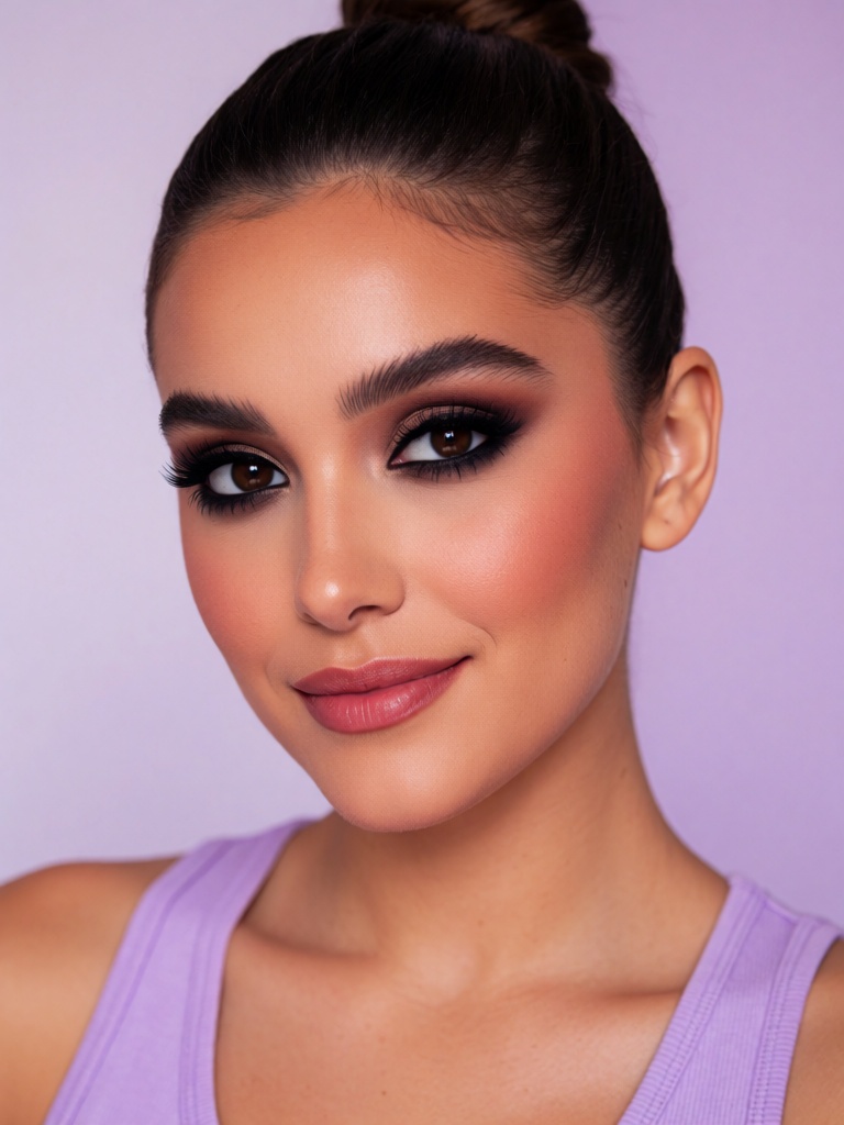 A close-up portrait of a young woman with dark brown eyes and a slight smile on her face. Her hair is pulled back into a b...