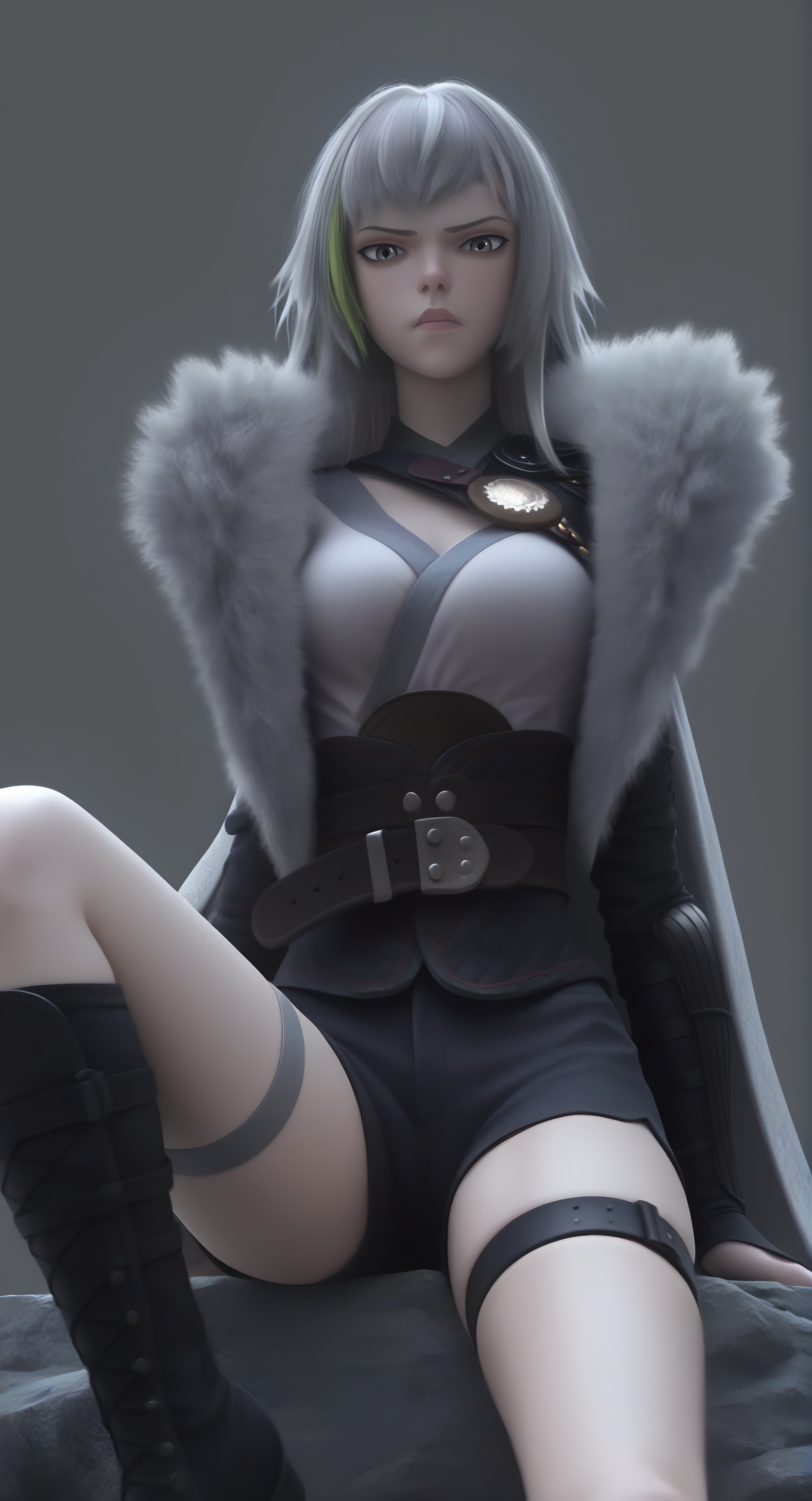 (score_9),1girl,solo,(glamor:1.2),slender,<lora:白月魁pony-v2:0.83>,long hair,(gray eyes),grey hair,(green streaked hair),streaked hair,baiyuekui,asymmetrical clothes,chest medallion,single pauldron,waist armor,waist belt,shorts,thigh strap,single thighhigh,fur trim,single knee pads,fur-trimmed cape,black combat boots,sitting,crossed legs,pov,from below,low pov,rock,(disgust),sitting on object, BREAKsimple background,(gray background),masterpiece,best quality,absurdres,highres,hd,