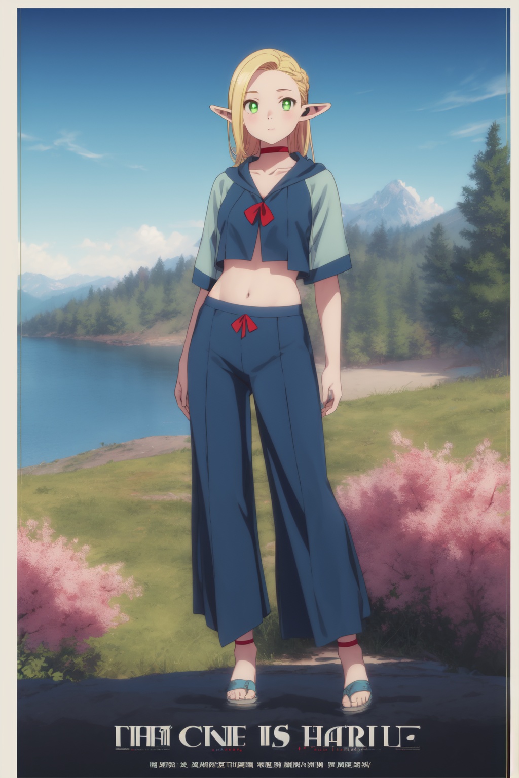 1girl,looking at viewer,solo,elf,long hair,blonde hair,pointy ears,green eyes,choker,red choker,<lora:Marcille (3):0.8>,Marcille_CYQL,(drunk,standing,bust,from_below:1.1),Cut-out crop top, wide-leg pants, heels,beautiful face,beautiful eyes,glossy skin,shiny skin,Mountains, Mist, Dawn, Sky, Peaks, Trees, Serenity, Tranquility,Heather blooms, Coastal cliffs, Ocean views, Coastal breeze, Heather carpet, Cliffside panorama,beautiful detailed sky,beautiful detailed glow,(movie poster:1.2),(border:1.3),(English text:1.4),posing in front of a colorful and dynamic background,masterpiece,best quality,beautiful and aesthetic,contrapposto,female focus,fine fabric emphasis,wallpaper,fashion,intricate detail,finely detailed,fine fabric emphasis,glossy,<lora:增强减少细节add_detail:0.4>,