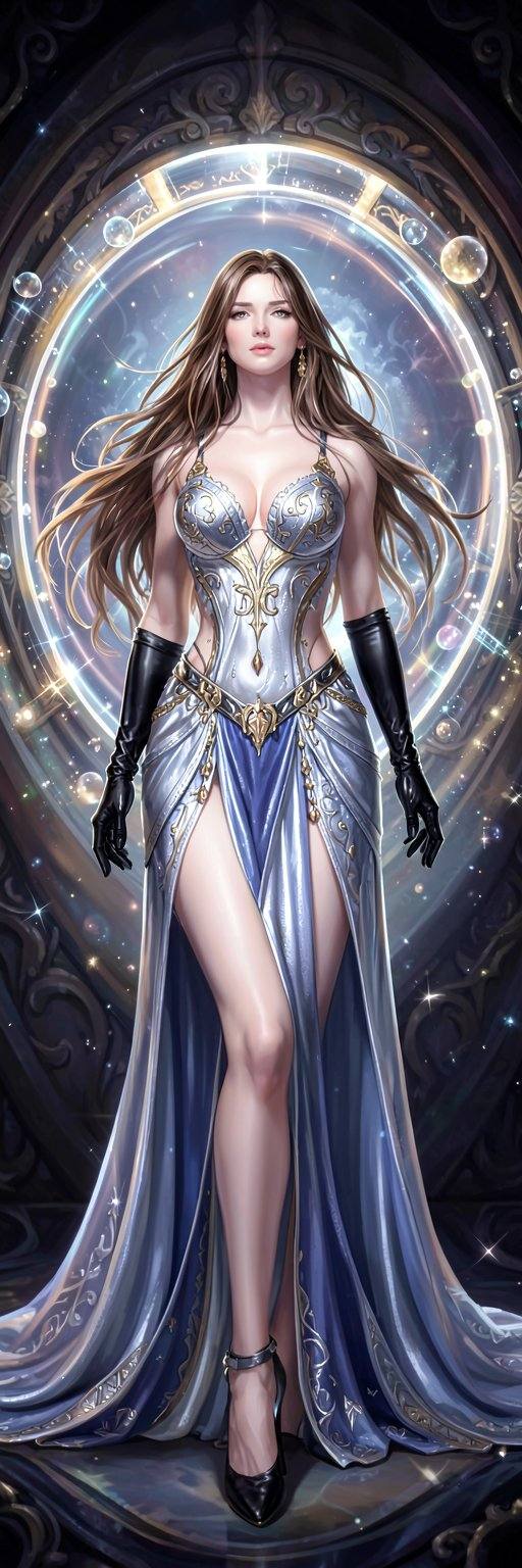 <lora:20260210_TinFlux2KleinAnimeLora2:0>, This is a highly detailed digital artwork featuring a stunning, ethereal woman with long, flowing brown hair and pale skin. She wears a luxurious, revealing silver and blue gown adorned with gold accents and intricate patterns, complemented by black gloves and high-heeled shoes. Her expression is serene, and she stands in a mystical, illuminated, circular portal, surrounded by glowing orbs and a dark, ornate background.