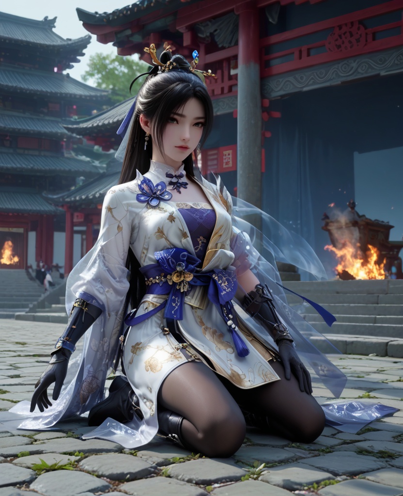 (oriental architecture, elegant decor, sophisticated style:1.1),(Kneeling with one hand on the ground, looking like a noble warrior,:1.1),(breasts:1.2),<lora:XL32顾清寒冰雁:0.95>,miss guqinghan,white dress,purple lingerie,sash,black hair,long hair,hair ornament,black gloves,black pantyhose,black boots,fart curtain,, score_9,score_8_up,score_7_up,score_6_up,score_5_up,score_4_up,3d rendering,tag1,tag2, Cinematic Lighting,backlighting,