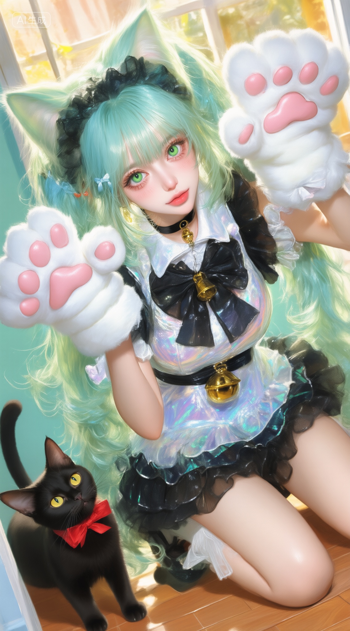 Fantasy Realism,Fantasy Realism,illustrations,anime-style character, light green hair, cat ears, shiny outfit, iridescent, maid costume, catgirl costume, fluffy white paws, pink pads, playful gesture, frilly top, translucent, black bow, ruffled skirt, golden bell, black choker, bright green eyes, soft expression, slightly blushing, shy mood, affectionate mood, sunlit room, wooden flooring, background window, warm lighting, small black cat, yellow eyes, red bow, calm observation, cozy atmosphere, whimsical, soft shadows, gentle lighting, feline-themed, matching tail, Negative prompt: ng_deepnegative_v1_75t,(badhandv4:1.2),EasyNegative,(worst quality:2),,nsfw, Steps: 30, Sampler: Euler, CFG scale: 4.0, Seed: 2264514721, Size: 1142x2048, Model hash: 9768b098f7, Model: ZOZ_v1.0.safetensors, Denoising strength: 0, RNG: CPU, Lora 1: 幻想写实| Fantasy Realism, Lora Hash 1: 7cb01a6346, Lora Weight 1: 1.0, vae_name: automatic