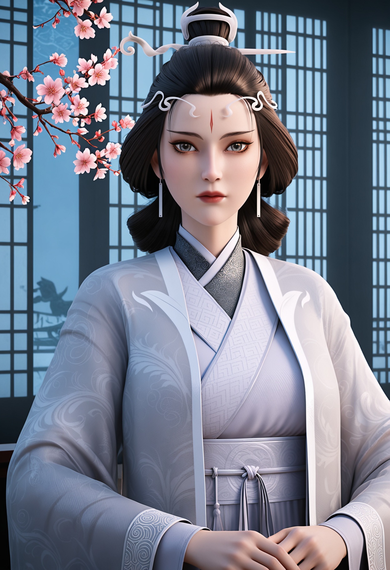 (upper_body:1.2),(looking at viewer:1.1),masterpiece,(best quality),smog,Dark room,dim lighting,peach blossom,falling petals,<lora:YQ_Illustrious光辉v5_水月_V1:0.8>,q1528437228,solo,1girl,black hair,jewelry,earrings,chinese clothes,facial mark,hair ornament,forehead mark,hanfu,long sleeves,makeup,wide sleeves,hair bun,hair stick,long hair,red lips,updo,japanese clothes,black eyes,blue eyes,robe,brown eyes,brown hair,kimono,sash,grey eyes,korean clothes,single hair bun,