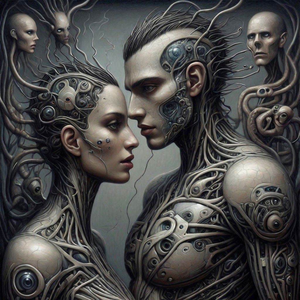 Nanopunk cyber gothic hybrid biomorphed man and woman ,  covered with nanites skin texture,  nanite swarms on Tensor.Art