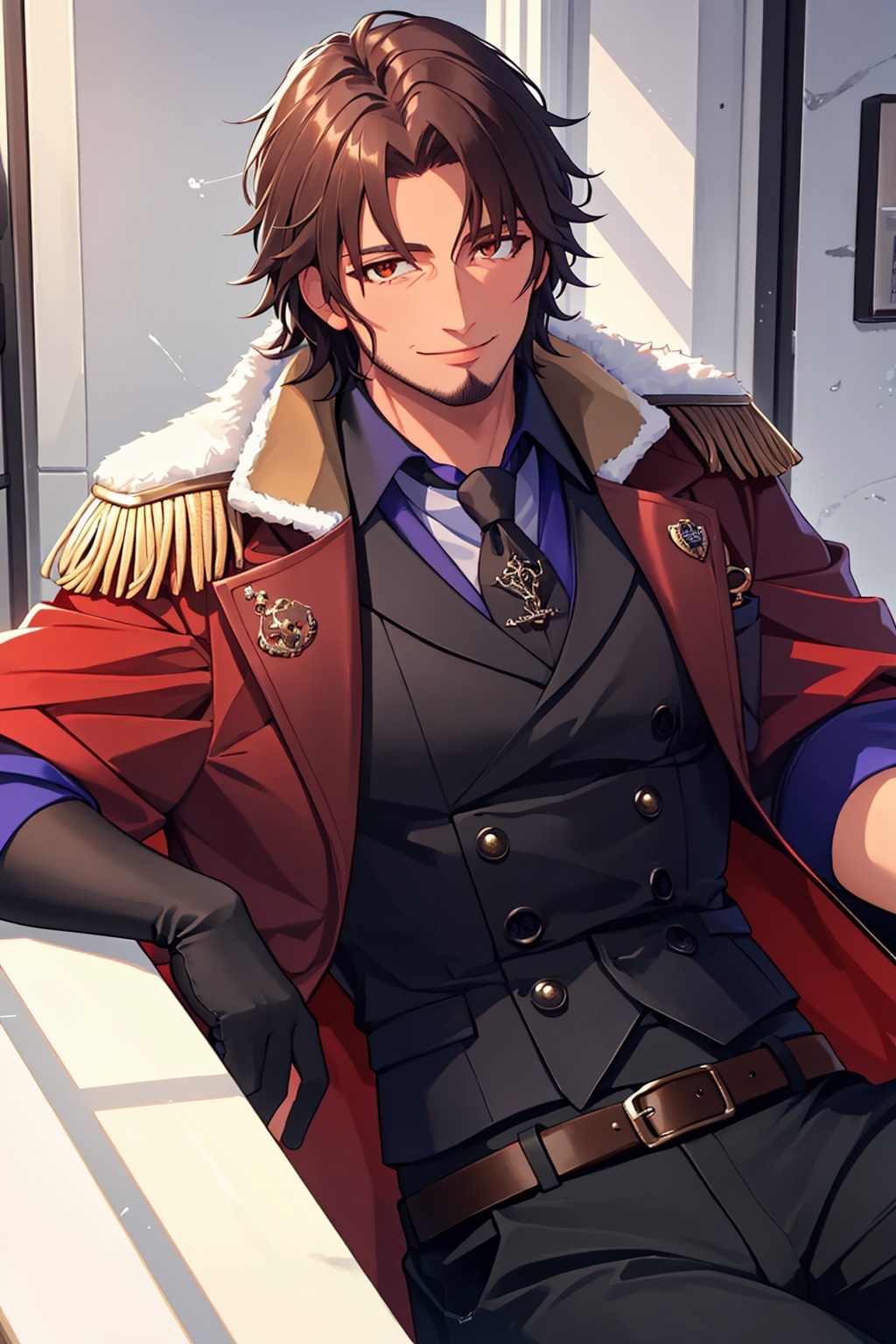 masterpiece,best quality, highly detailed, belmond banderas,male focus, solo, 1boy, black gloves, black pants, fingerless gloves, virtual youtuber, epaulettes, holding, black jacket, stubble, collared shirt, open jacket, smile, looking at viewer, short sleeves, closed mouth, sitting, red cape, brown shirt, belt buckle, white shirt, brown jacket, beard, brown belt,<lora:belmond_banderas:1>