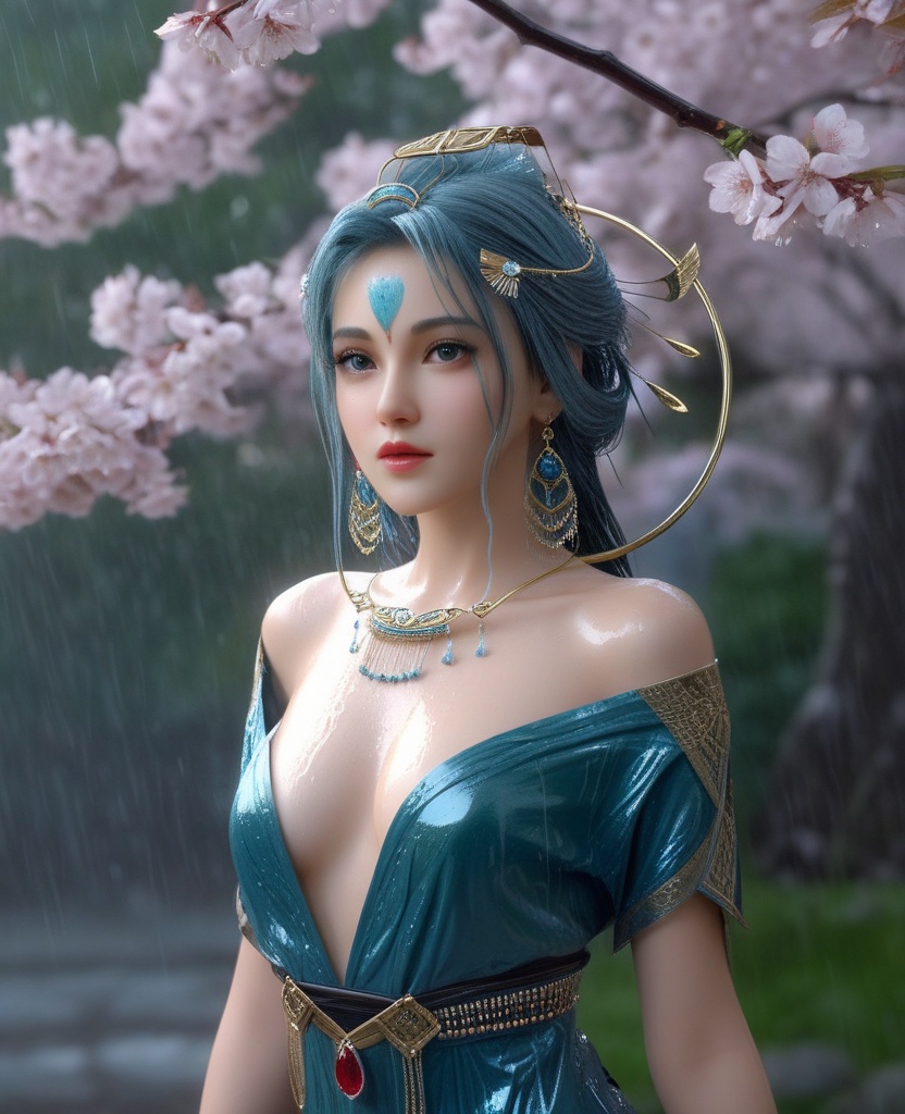 <lora:571-DA-XL-眷思量-奉眠:0.8>(,1girl, ,best quality, ),looking at viewer, ,ultra detailed 8k cg, ultra detailed background,  ultra realistic 8k cg,          cinematic lighting, cinematic bloom, (( , )),,  , unreal, science fiction,  luxury, jewelry, diamond, pearl, gem, sapphire, ruby, emerald, intricate detail, delicate pattern, charming, alluring, seductive, erotic, enchanting, hair ornament, necklace, earrings, bracelet, armlet,halo,masterpiece, (( , )),, realistic,science fiction,mole, ,cherry blossoms,(((, , ultra high res, (photorealistic:1.4), raw photo, 1girl, wet clothes, rain, sweat, ,wet, )))(( , ))   (cleavage), (),