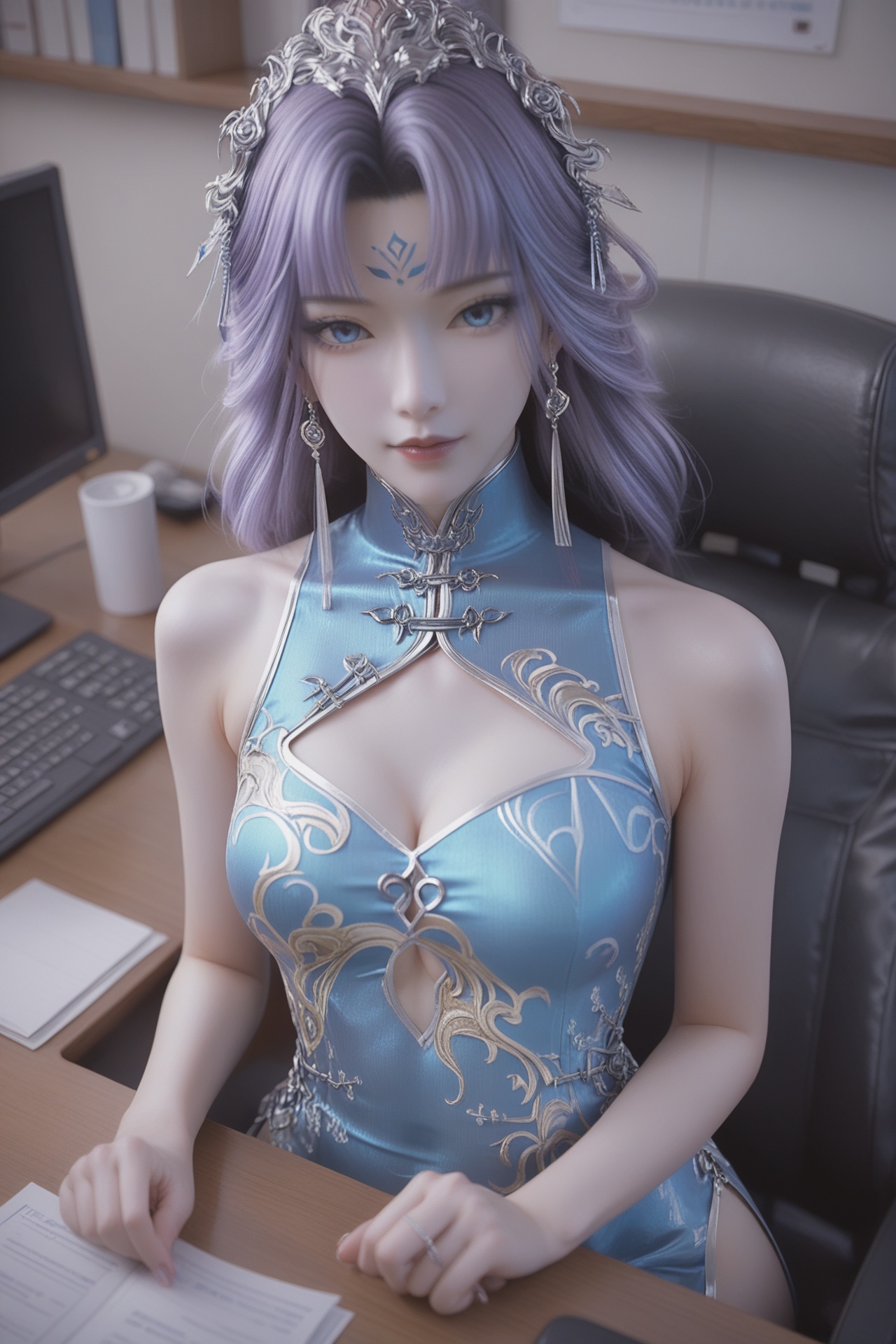 hongfen,<lora:hongfenXL:0.7>,score_9,score_8_up,source_anime,score_7_up,highly detailed,ultra-high resolution,32K UHD,sharp focus,best-quality,masterpiece,unconventional supreme masterpiece,masterful details,temperate atmosphere,with a high-end texture,in the style of fashion photography,Dynamic Angle,(Dynamic posture:1.1),1girl,medium breasts,blue eyes,earrings,long hair,purple hair,looking at viewer,pale skin,china dress,forehead mark,office,