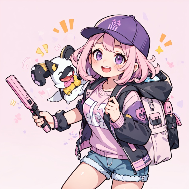 ( 1girl is happy and laughing) ((Pure purple and pink background:1.2)),A girl ready for a day of gaming,her dark curly hair adorned with a cap,carries a loaded backpack. Her black jacket and shorts combination is complemented by gaming motifs,suggesting a dedicated gamer lifestyle,, masterpiece,best quality,very aesthetic,absurdres,