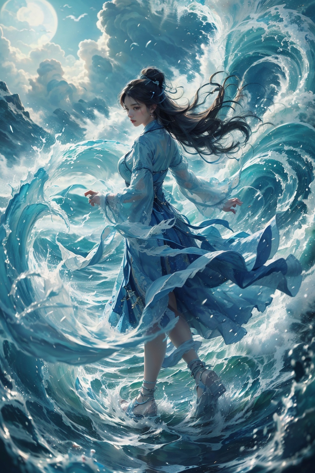 haifeisiv6,  painting of a woman in a blue dress walking through a wave,  xianxia fantasy on Tensor.Art