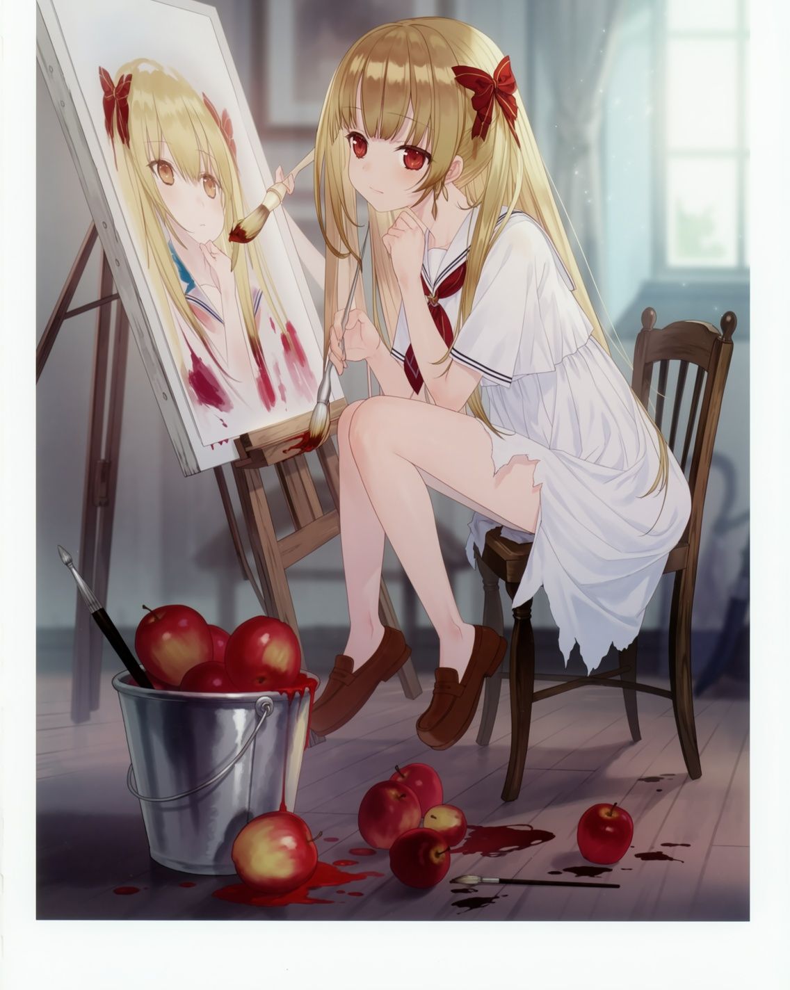 A young woman with long blonde hair tied in twin tails with red ribbons sits on a wooden chair,  wearing a white sailor-st...