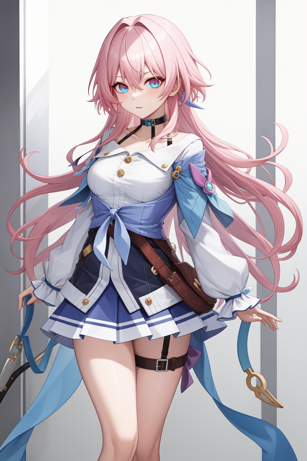 <lora:三月七:1:lbw=char>,sanyueqi,pink hair,bangs,shirt,white shirt,long sleeves,blue eyes,jacket,skirt,choker,blue jacket,blue skirt,hair between eyes,multicolored eyes,, 1girl,,  (masterpiece,best quality:1.2),absurdres