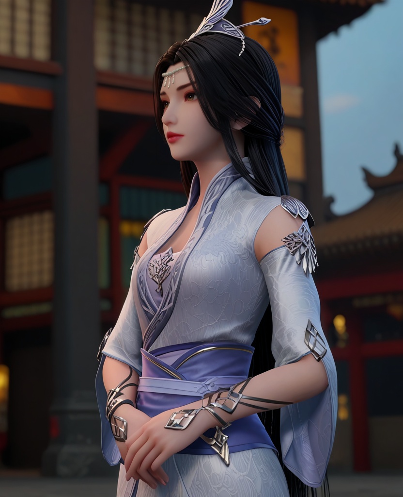 (oriental architecture, elegant decor, sophisticated style:1.1),(in profile:1.1),(breasts:1.2),<lora:XL神墓楚月:0.95>,miss chuyue,silver dress,sash,detached sleeves,brown eyes,black hair,long hair,hair ornament,wrist cuffs,, score_9,score_8_up,score_7_up,score_6_up,score_5_up,score_4_up,3d rendering,tag1,tag2, Cinematic Lighting,backlighting,